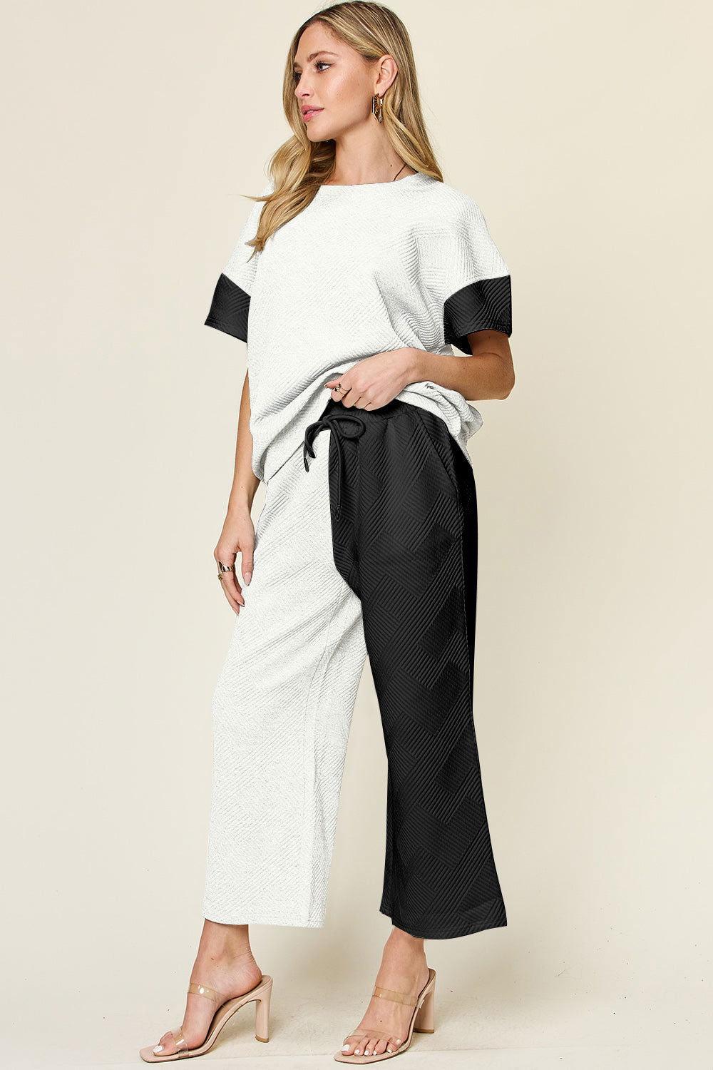 Double Take Full Size Texture Contrast T-Shirt and Wide Leg Pants Set - Clothes For Her Online Store