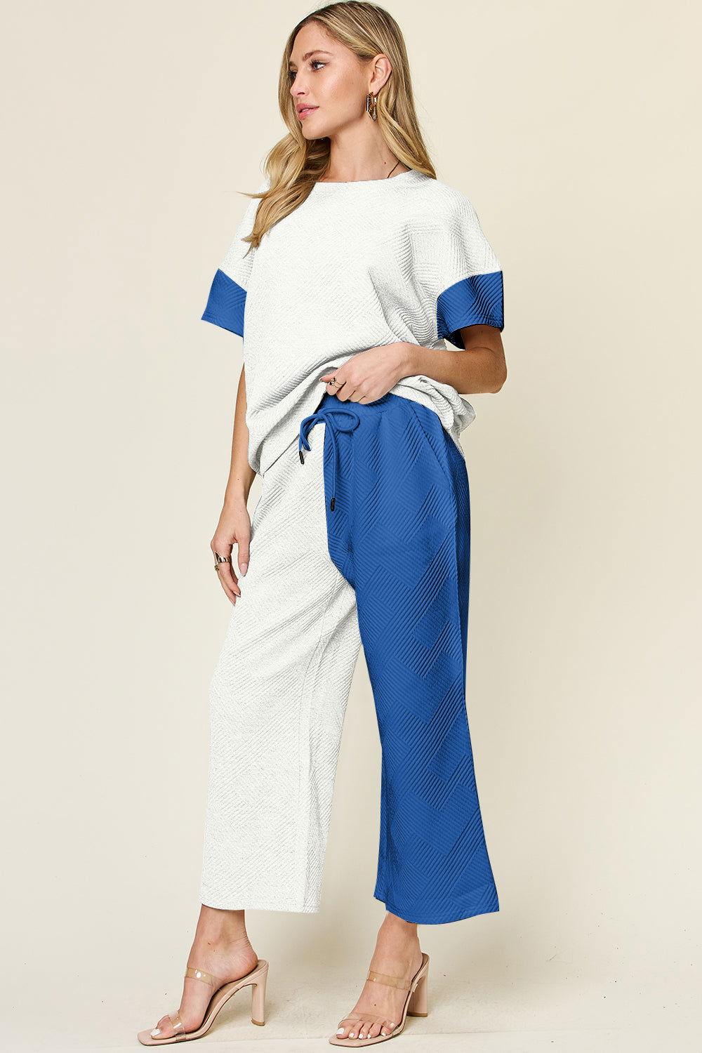 Double Take Full Size Texture Contrast T-Shirt and Wide Leg Pants Set - Clothes For Her Online Store