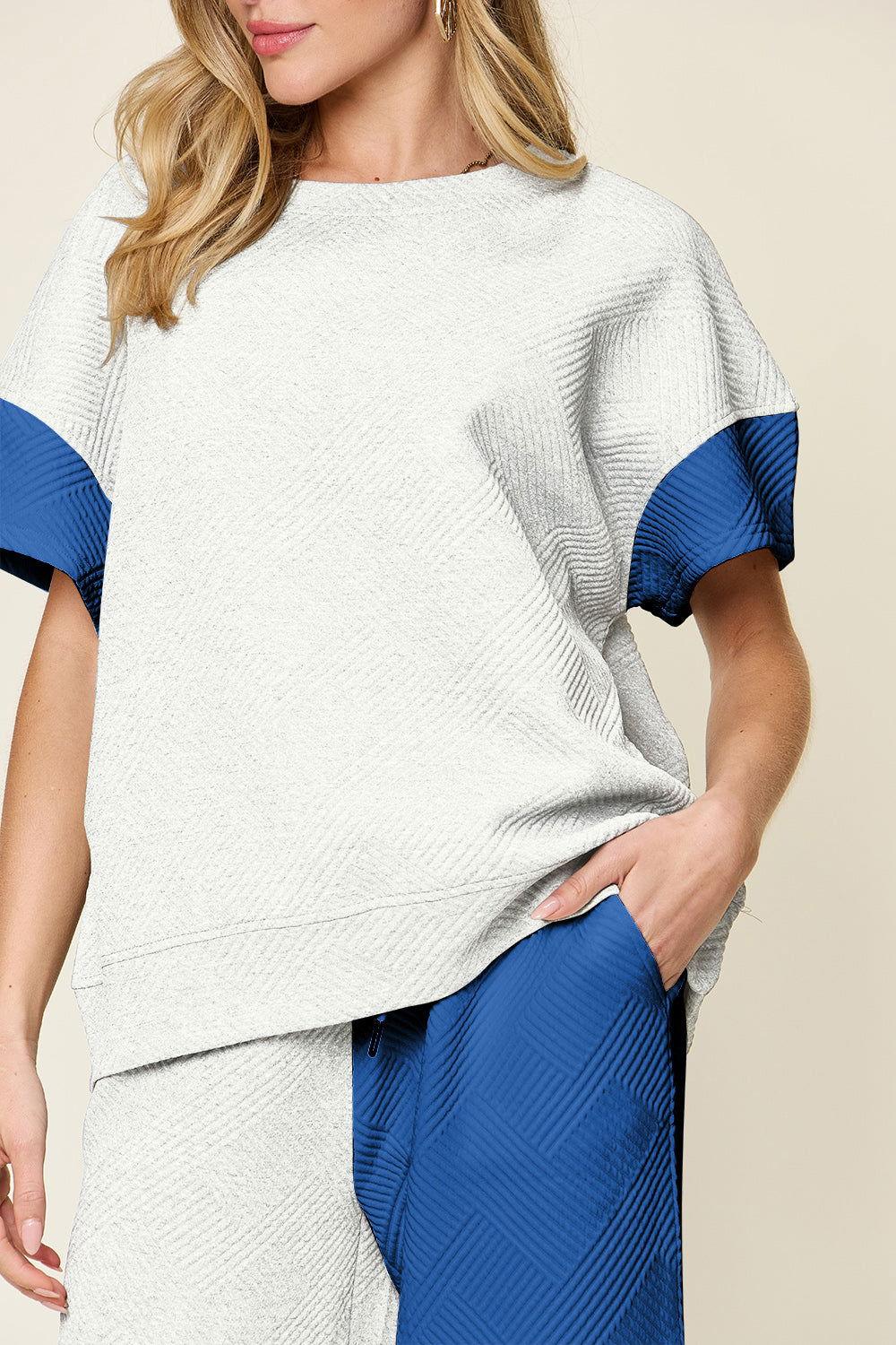 Double Take Full Size Texture Contrast T-Shirt and Wide Leg Pants Set - Clothes For Her Online Store