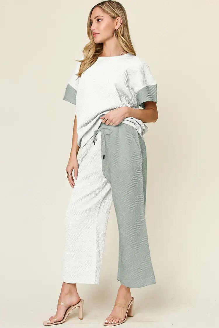 Double Take Full Size Texture Contrast T-Shirt and Wide Leg Pants Set - Clothes For Her Online Store