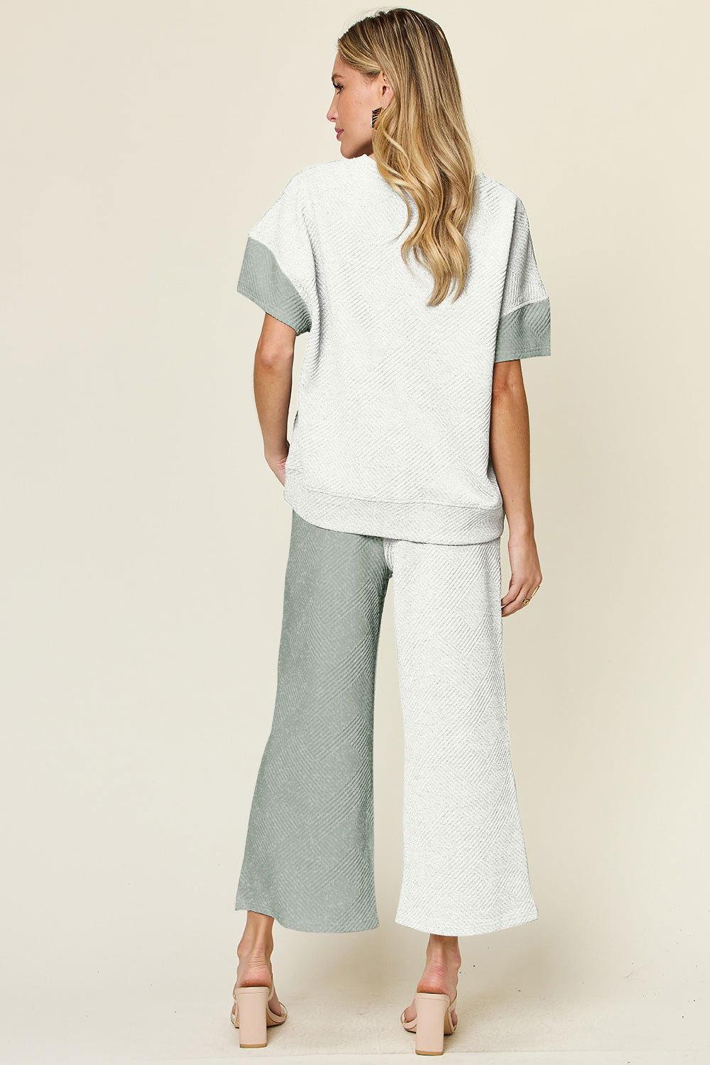 Double Take Full Size Texture Contrast T-Shirt and Wide Leg Pants Set - Clothes For Her Online Store