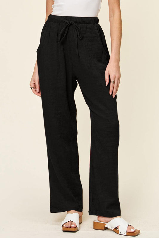 Double Take Full Size Texture Drawstring Straight Pants - Clothes For Her Online Store
