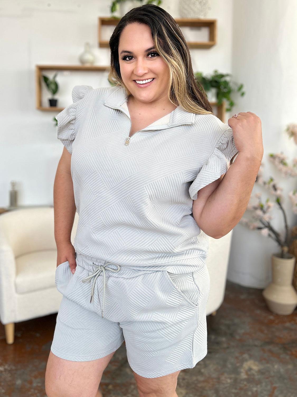 Double Take Full Size Texture Flounce Sleeve Top and Drawstring Shorts Set - Clothes For Her Online Store