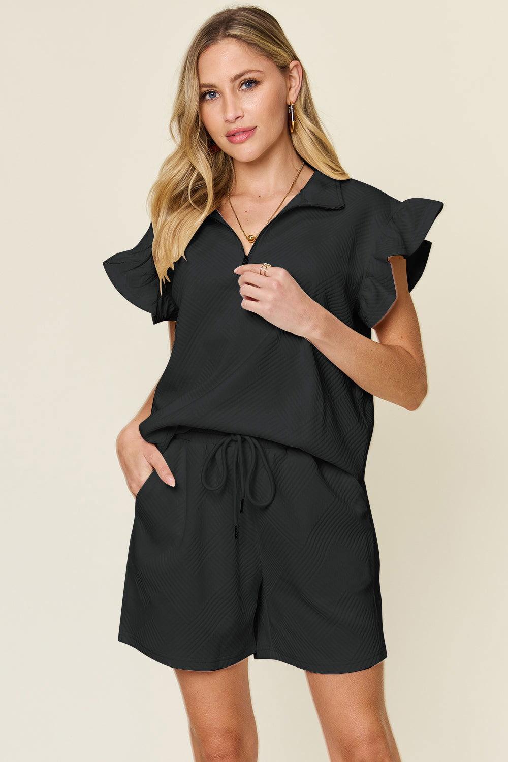 Double Take Full Size Texture Flounce Sleeve Top and Drawstring Shorts Set - Clothes For Her Online Store