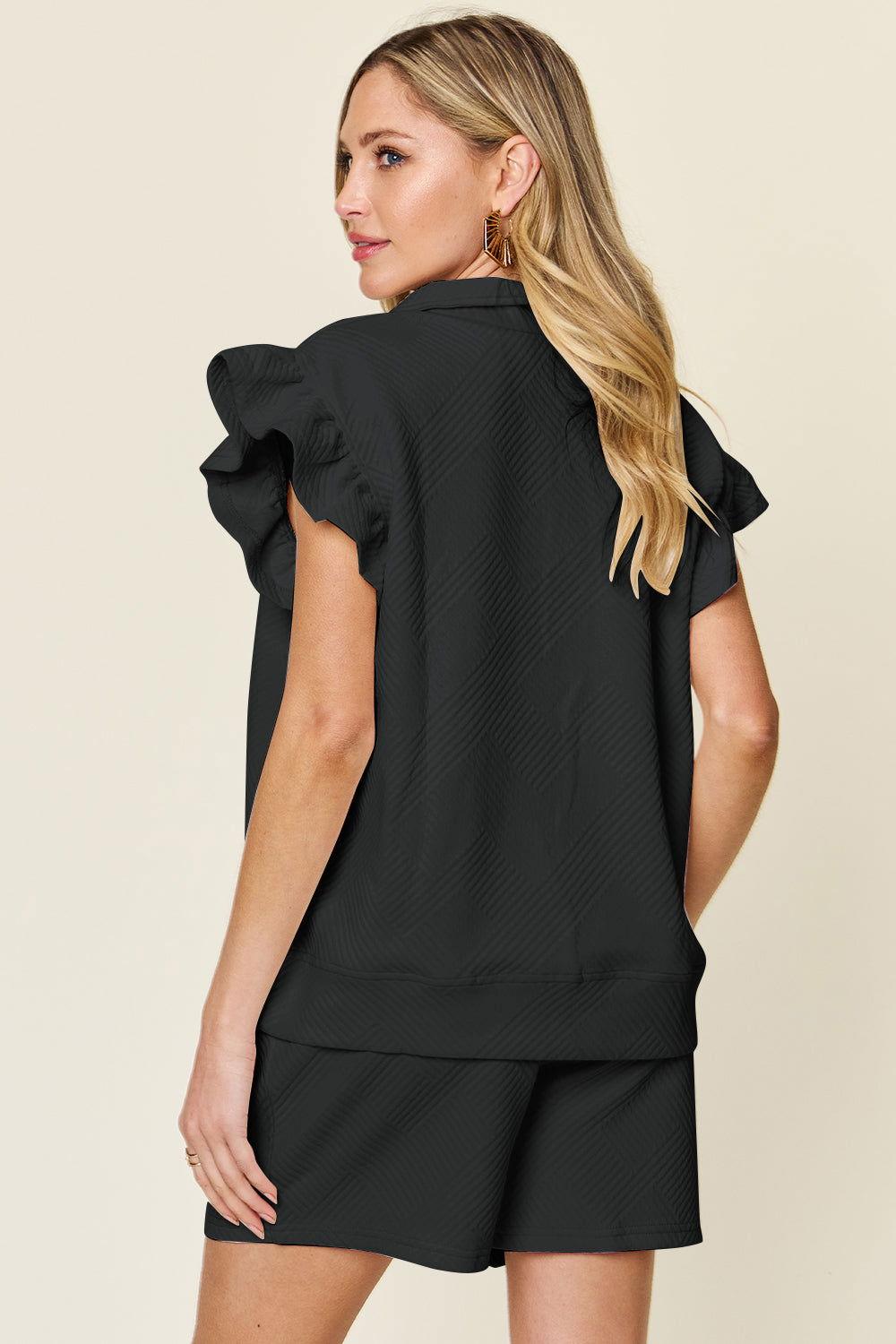 Double Take Full Size Texture Flounce Sleeve Top and Drawstring Shorts Set - Clothes For Her Online Store