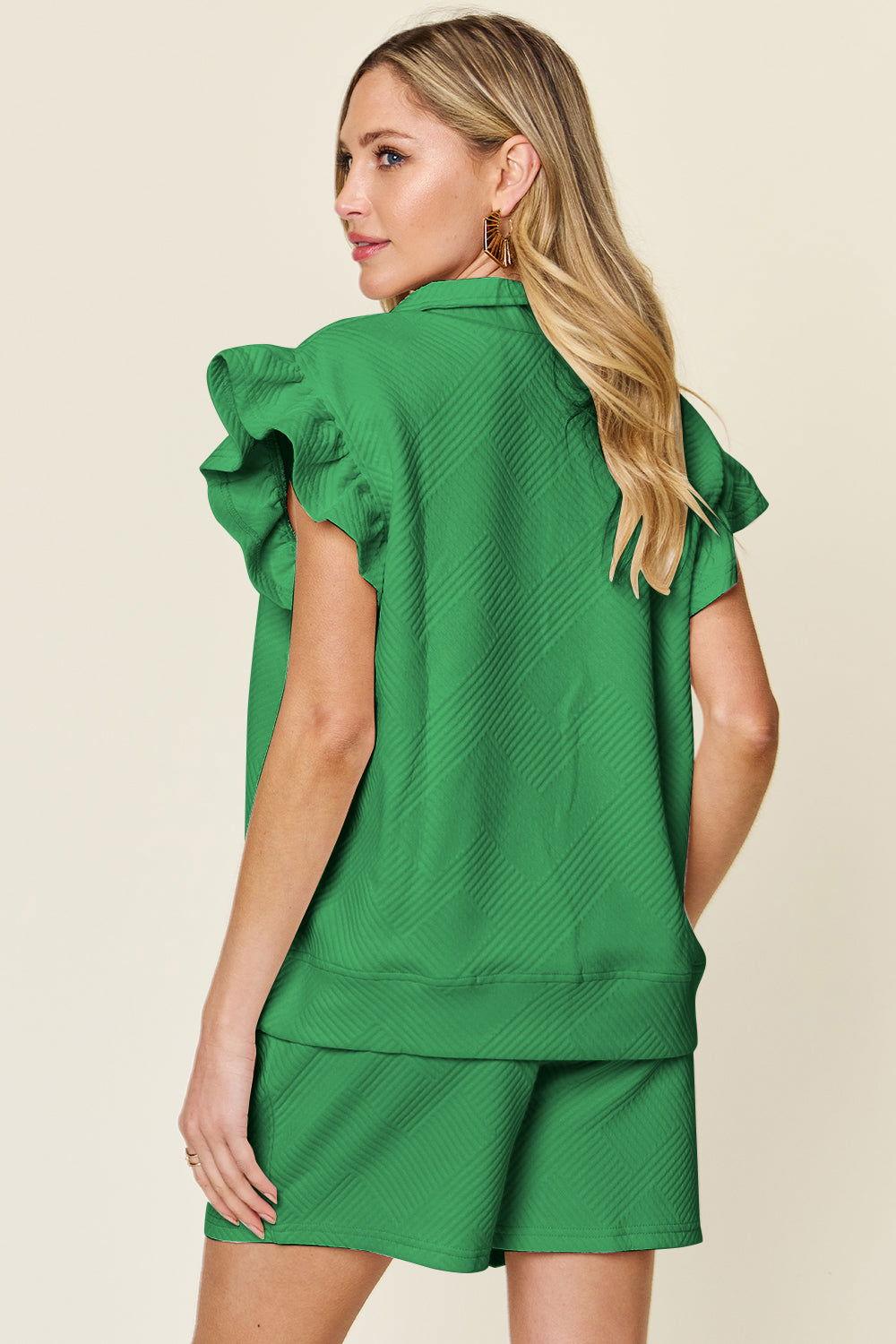 Double Take Full Size Texture Flounce Sleeve Top and Drawstring Shorts Set - Clothes For Her Online Store
