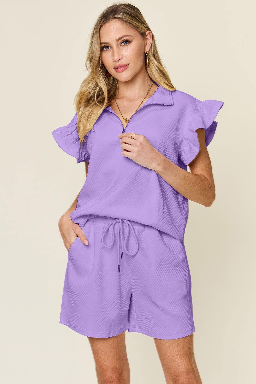Double Take Full Size Texture Flounce Sleeve Top and Drawstring Shorts Set - Clothes For Her Online Store