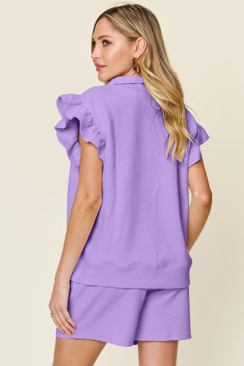 Double Take Full Size Texture Flounce Sleeve Top and Drawstring Shorts Set - Clothes For Her Online Store
