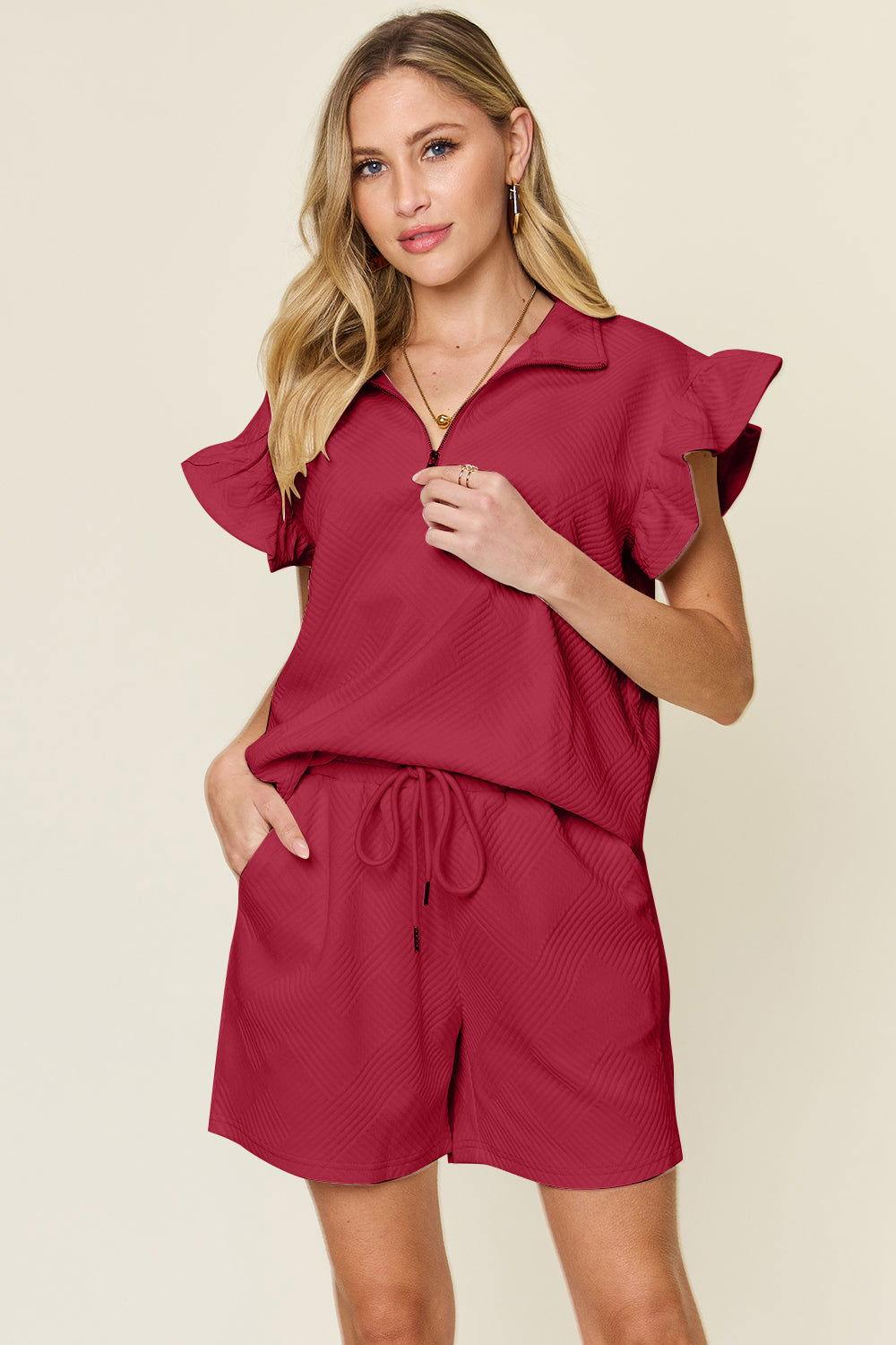 Double Take Full Size Texture Flounce Sleeve Top and Drawstring Shorts Set - Clothes For Her Online Store