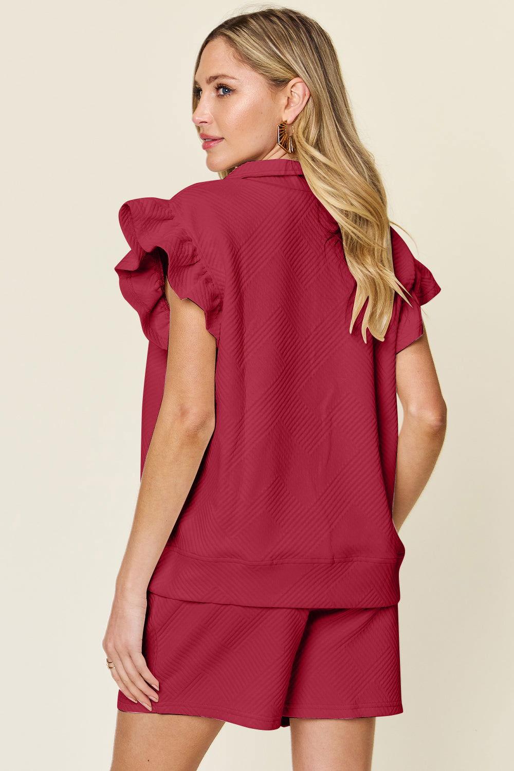 Double Take Full Size Texture Flounce Sleeve Top and Drawstring Shorts Set - Clothes For Her Online Store