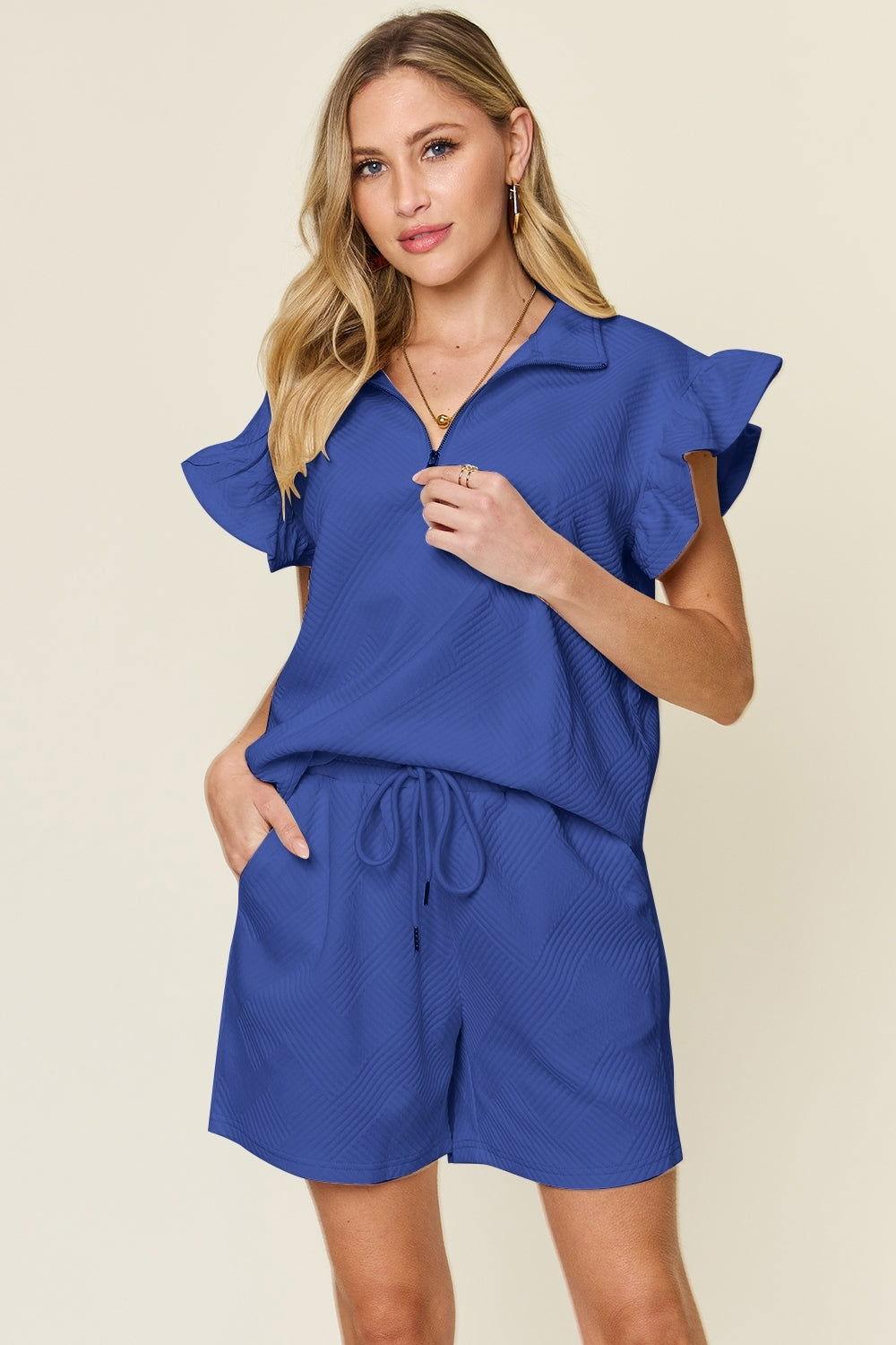 Double Take Full Size Texture Flounce Sleeve Top and Drawstring Shorts Set - Clothes For Her Online Store