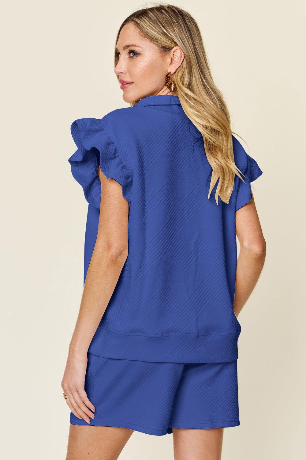 Double Take Full Size Texture Flounce Sleeve Top and Drawstring Shorts Set - Clothes For Her Online Store