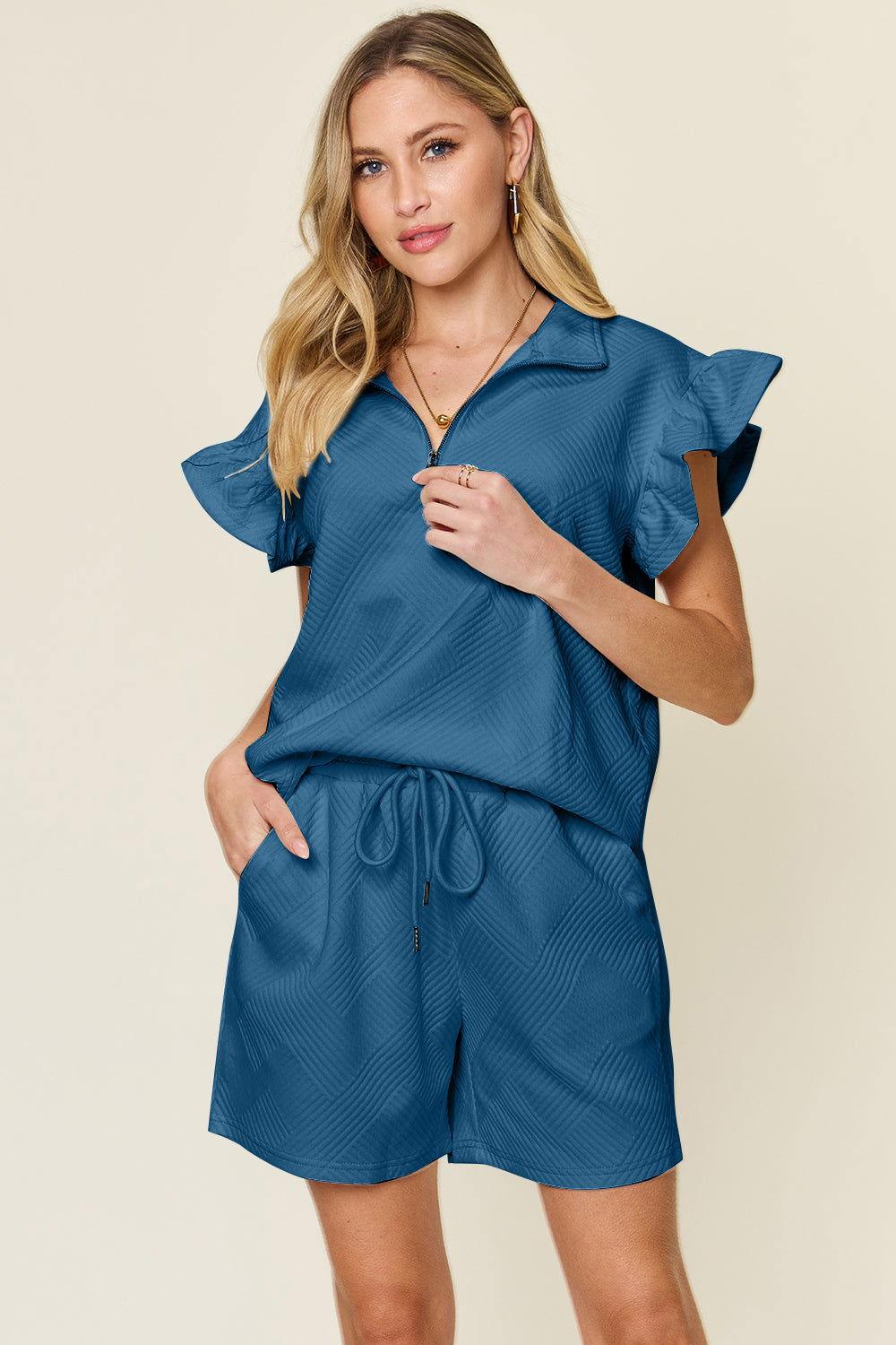 Double Take Full Size Texture Flounce Sleeve Top and Drawstring Shorts Set - Clothes For Her Online Store