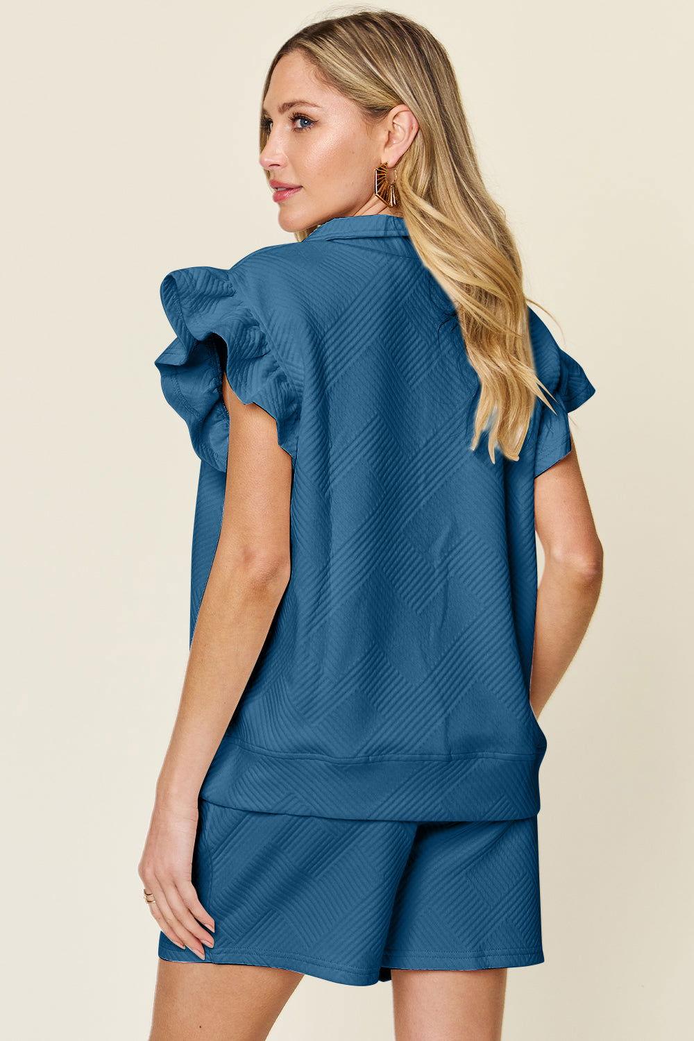 Double Take Full Size Texture Flounce Sleeve Top and Drawstring Shorts Set - Clothes For Her Online Store
