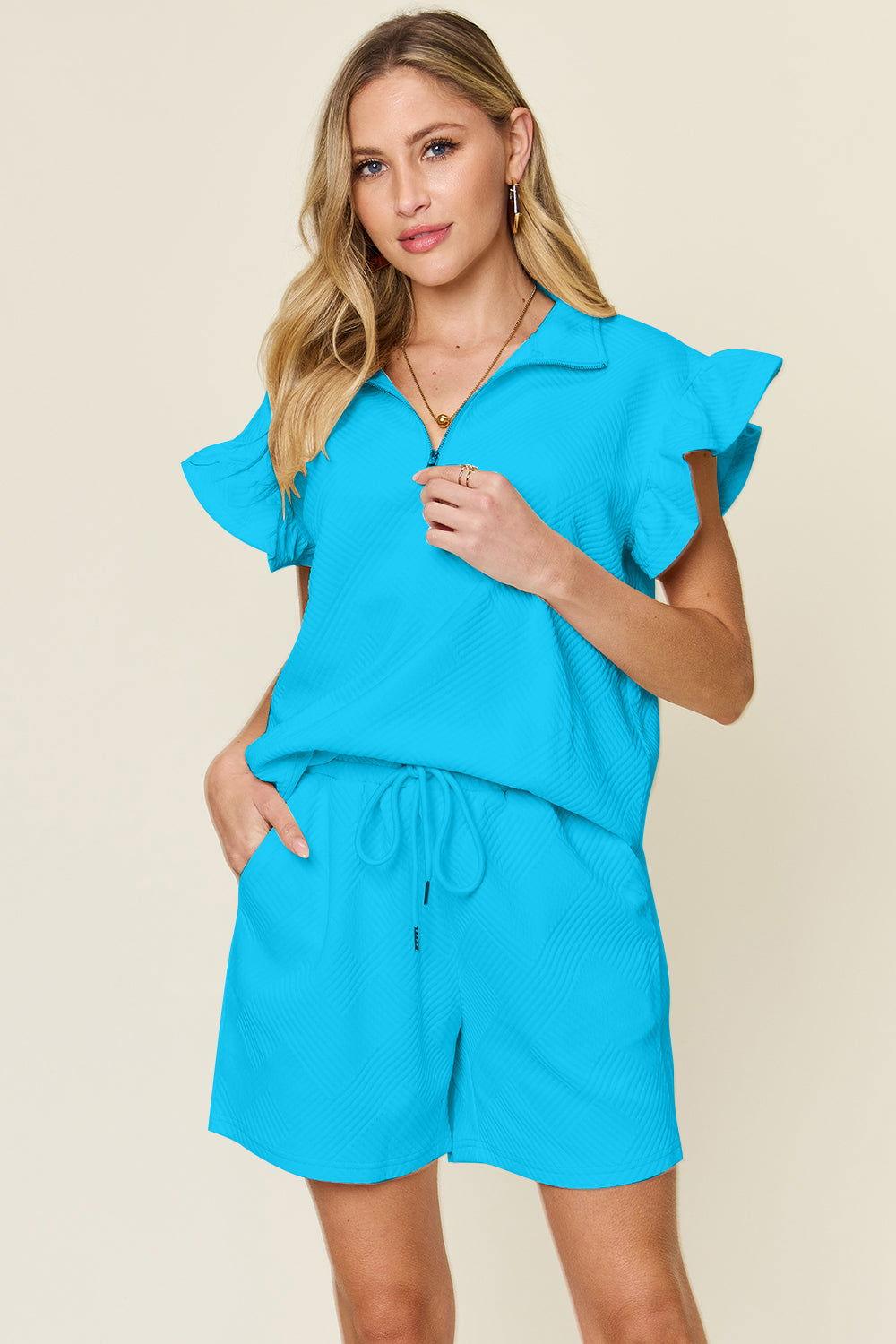 Double Take Full Size Texture Flounce Sleeve Top and Drawstring Shorts Set - Clothes For Her Online Store