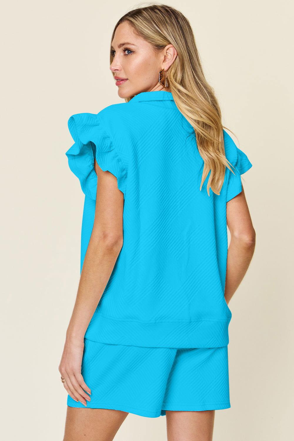Double Take Full Size Texture Flounce Sleeve Top and Drawstring Shorts Set - Clothes For Her Online Store