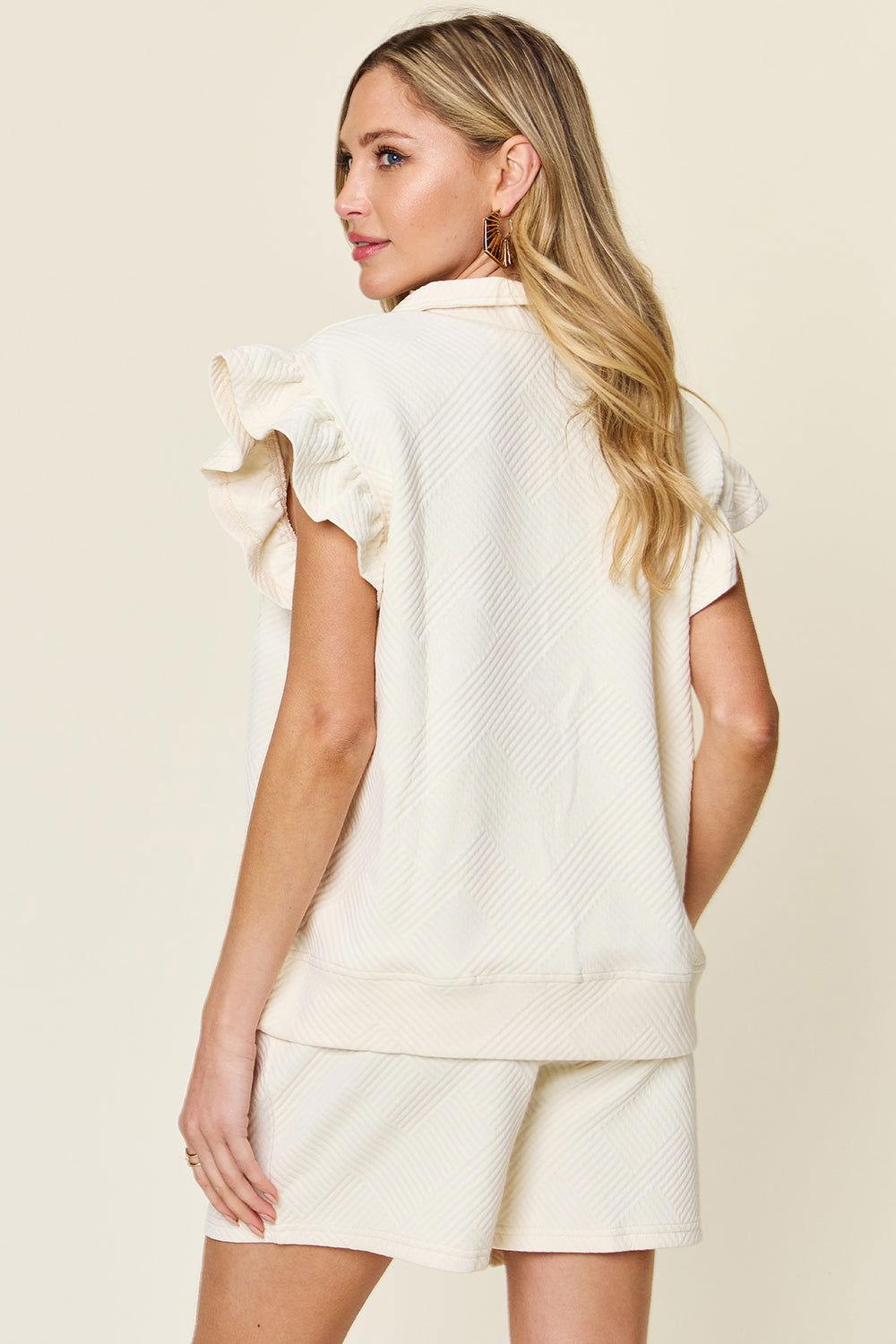 Double Take Full Size Texture Flounce Sleeve Top and Drawstring Shorts Set - Clothes For Her Online Store