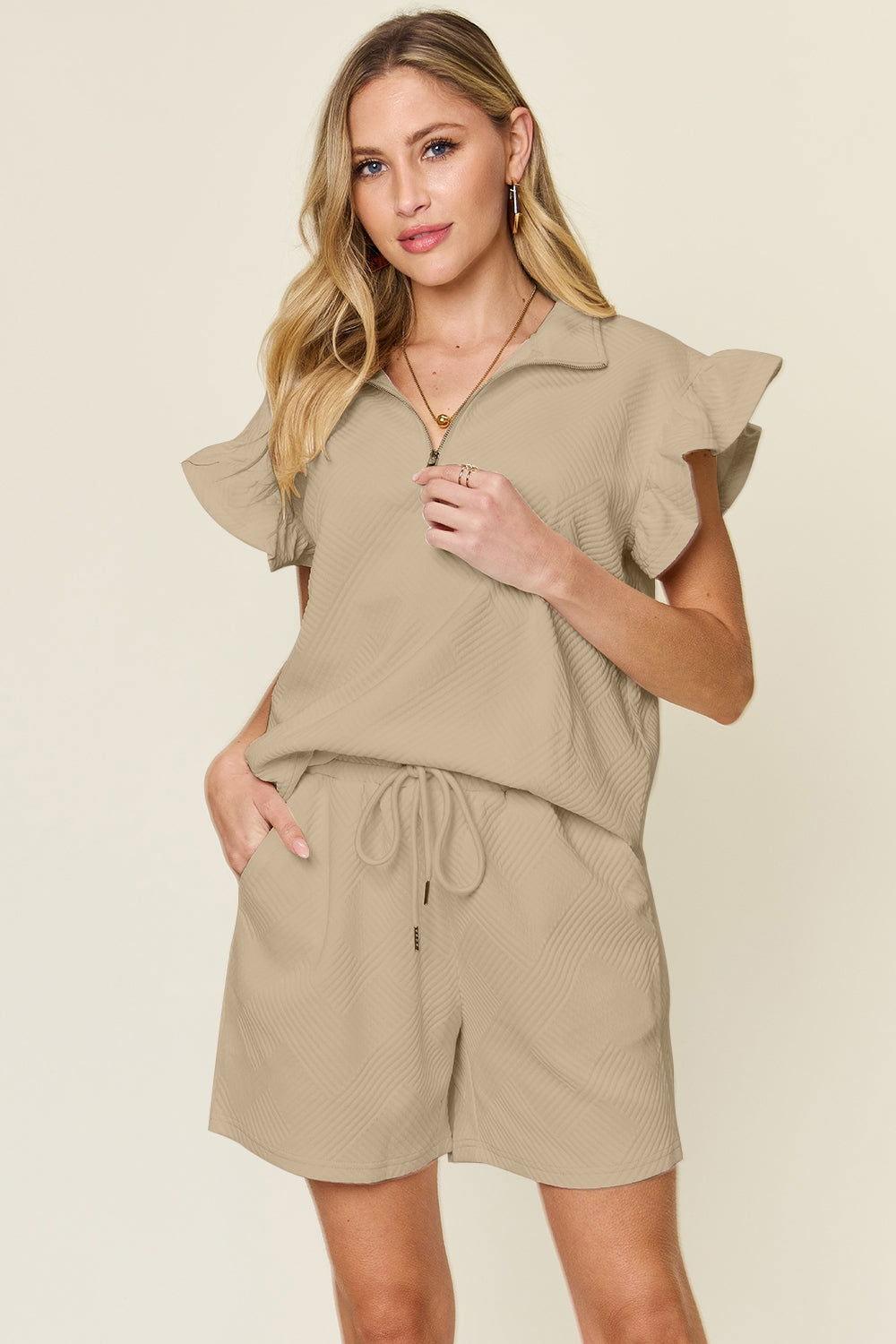 Double Take Full Size Texture Flounce Sleeve Top and Drawstring Shorts Set - Clothes For Her Online Store