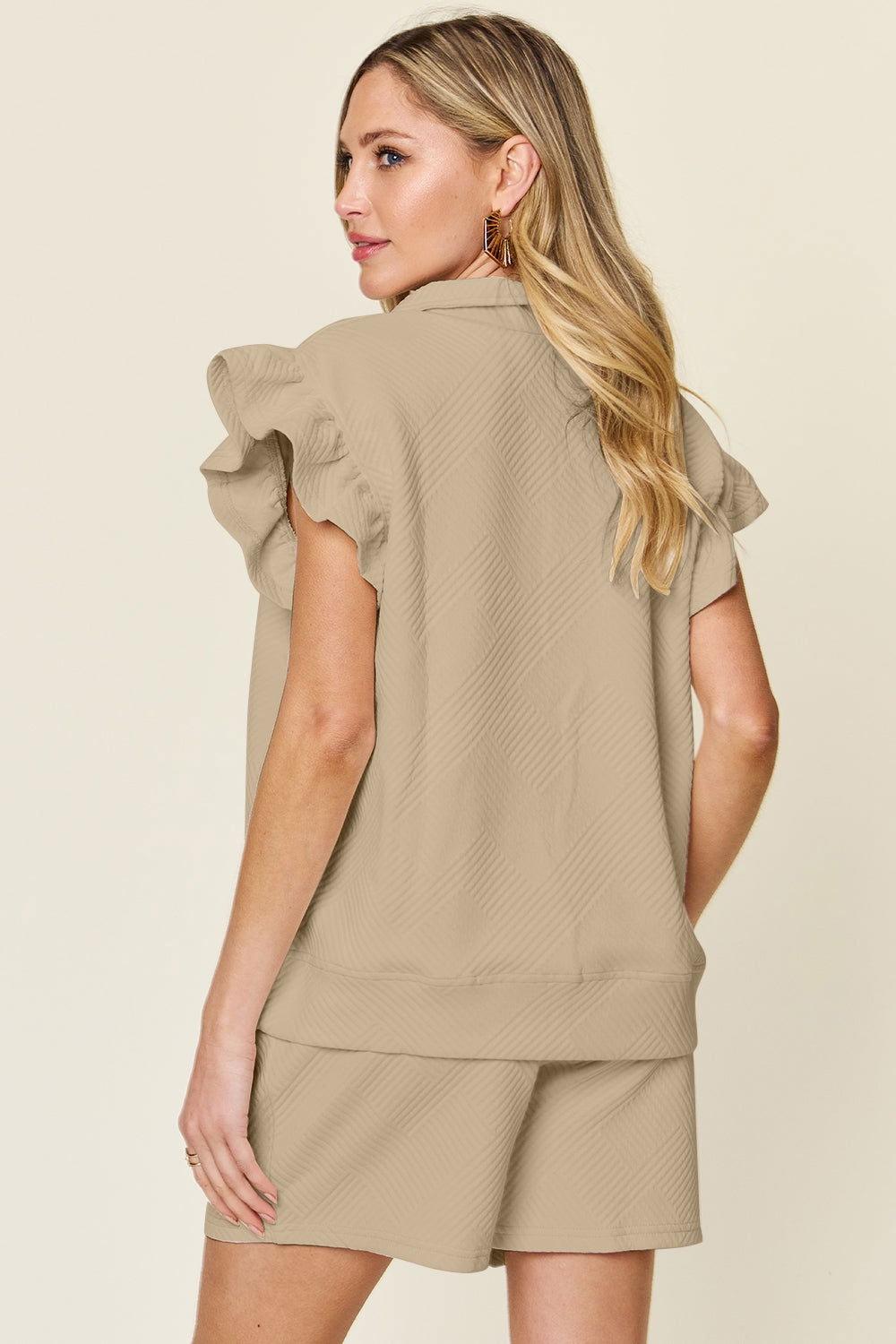 Double Take Full Size Texture Flounce Sleeve Top and Drawstring Shorts Set - Clothes For Her Online Store