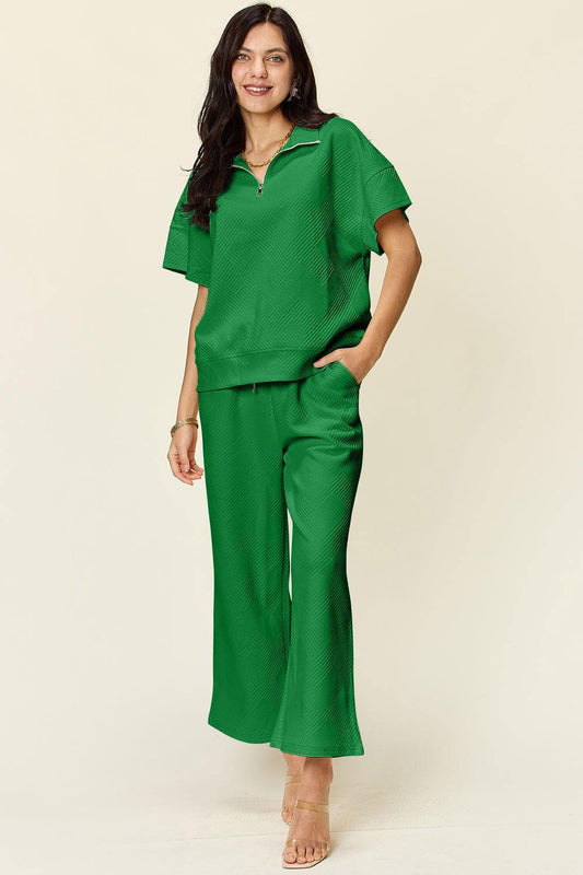 Double Take Full Size Texture Half Zip Short Sleeve Top and Pants Set - Clothes For Her Online Store