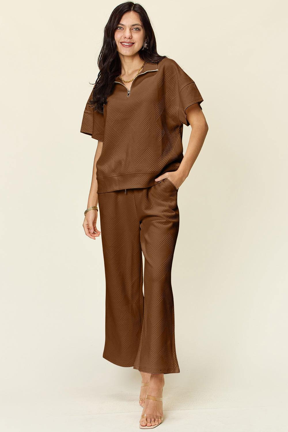 Double Take Full Size Texture Half Zip Short Sleeve Top and Pants Set - Clothes For Her Online Store
