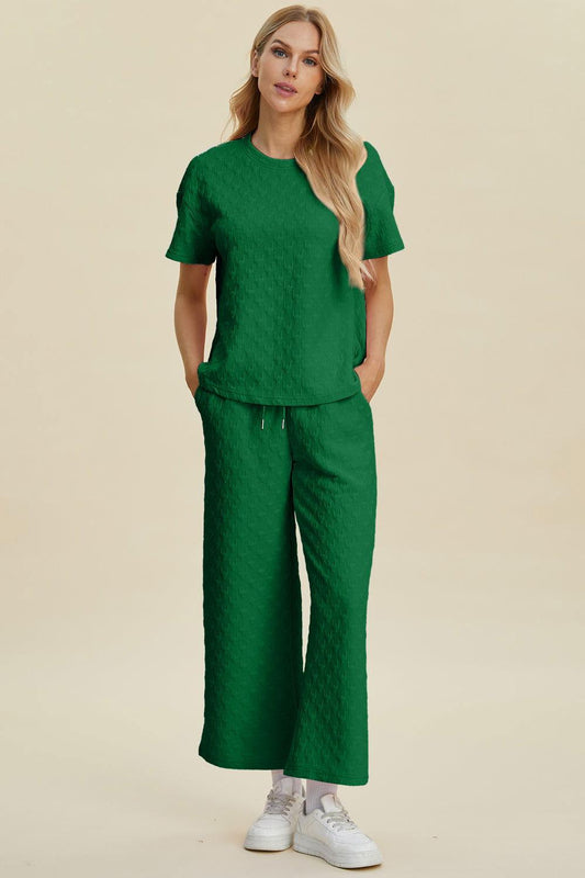 Double Take Full Size Texture Round Neck Short Sleeve Top and Pants Set - Clothes For Her Online Store