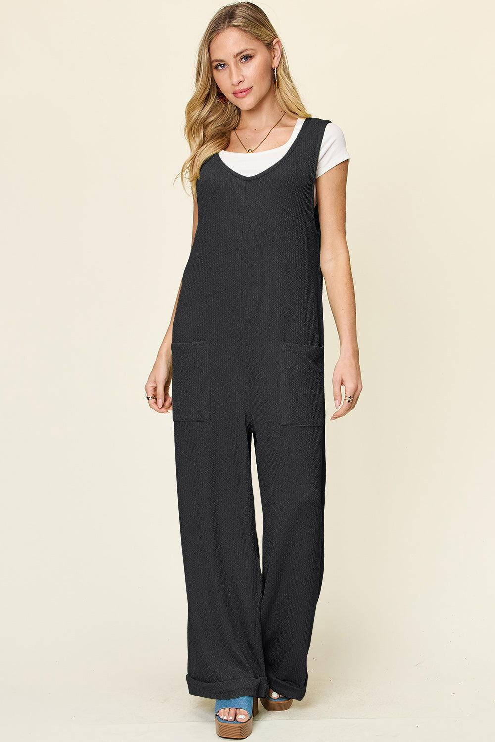 Double Take Full Size Texture Sleeveless Wide Leg Jumpsuit - Clothes For Her Online Store