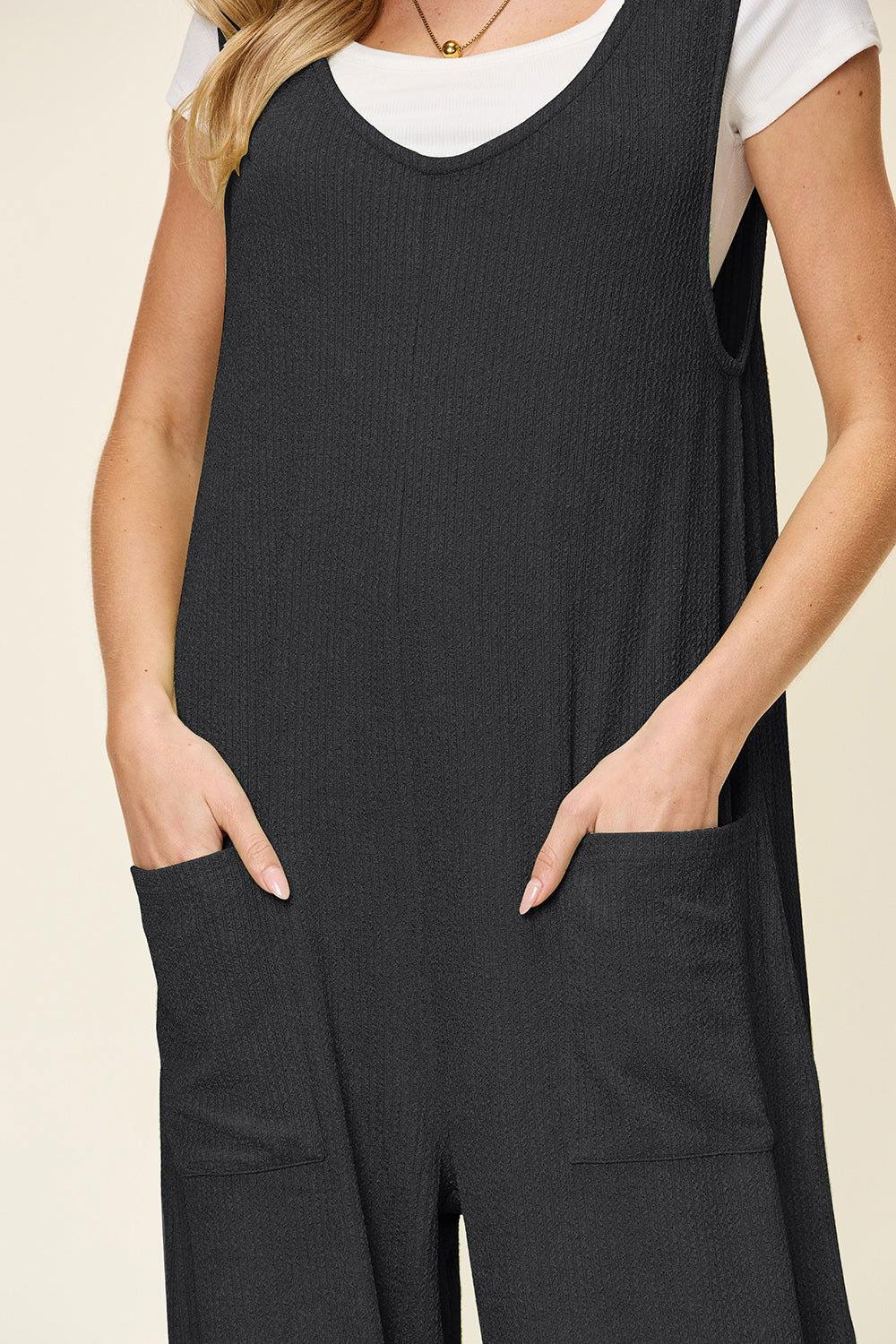 Double Take Full Size Texture Sleeveless Wide Leg Jumpsuit - Clothes For Her Online Store