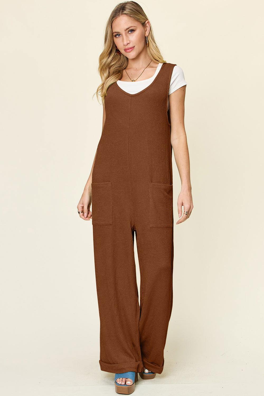 Double Take Full Size Texture Sleeveless Wide Leg Jumpsuit - Clothes For Her Online Store