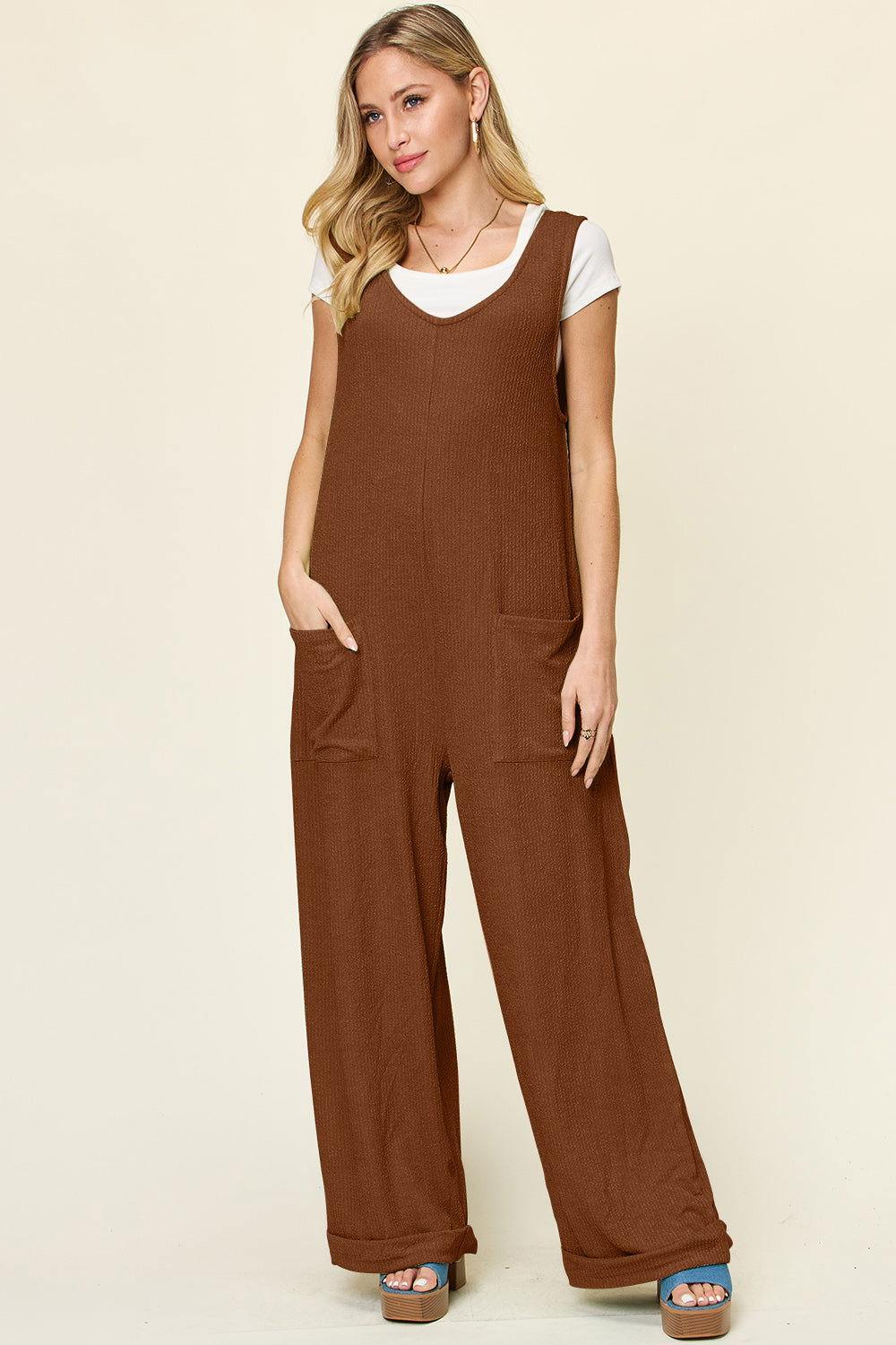 Double Take Full Size Texture Sleeveless Wide Leg Jumpsuit - Clothes For Her Online Store