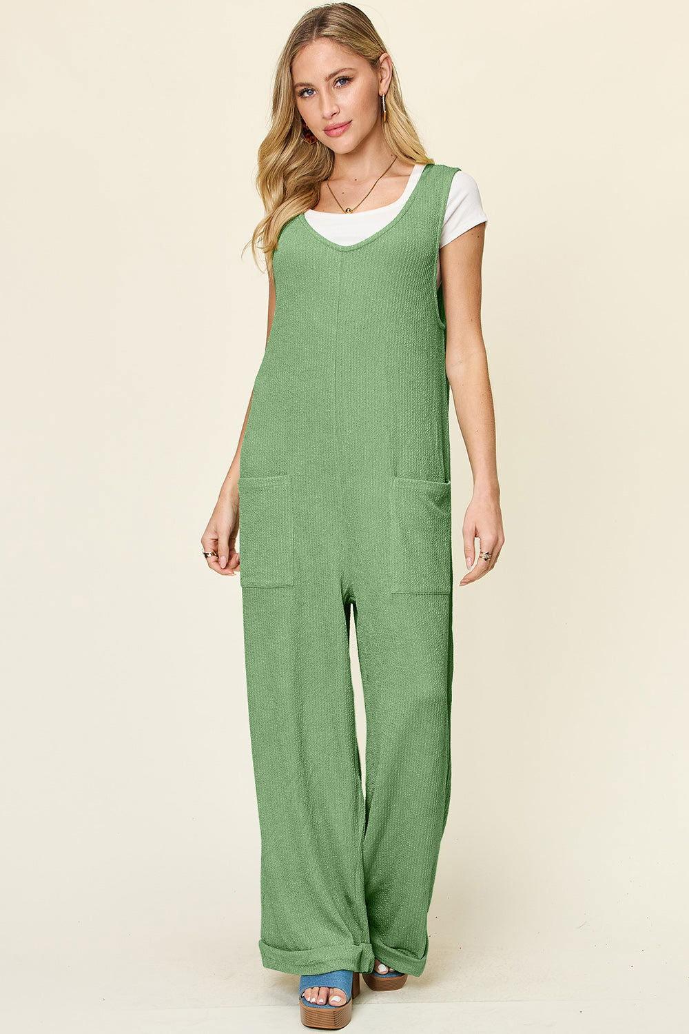Double Take Full Size Texture Sleeveless Wide Leg Jumpsuit - Clothes For Her Online Store