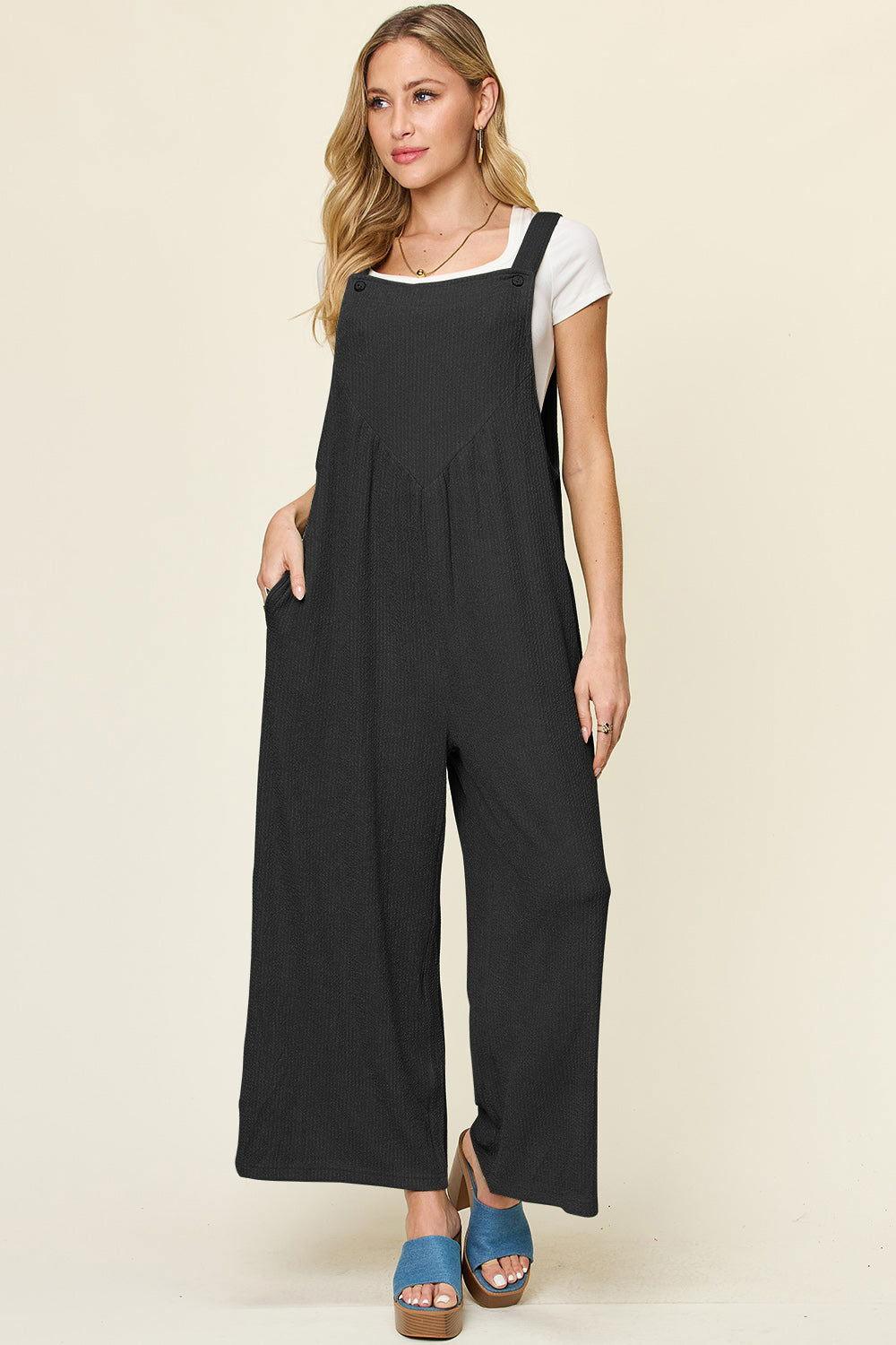Double Take Full Size Texture Sleeveless Wide Leg Overall - Clothes For Her Online Store
