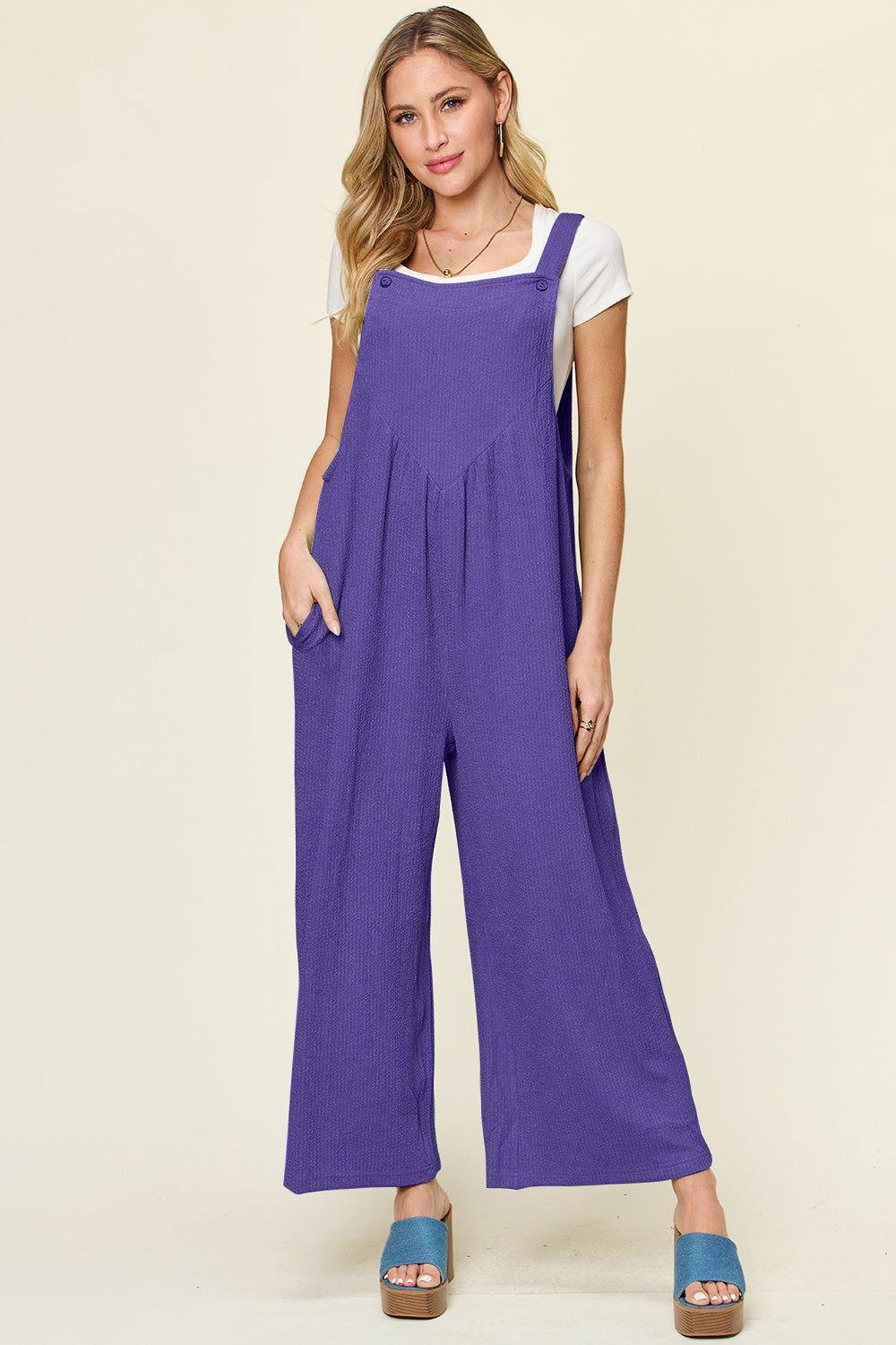 Double Take Full Size Texture Sleeveless Wide Leg Overall - Clothes For Her Online Store