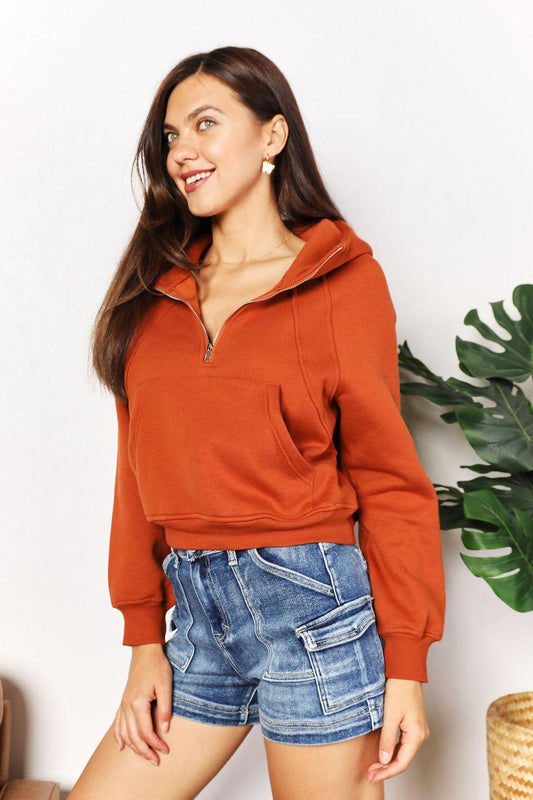 Double Take Half-Zip Long Sleeve Hoodie - Clothes For Her Online Store