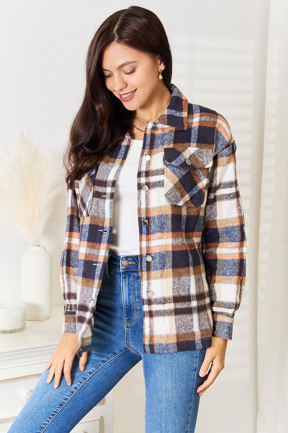 Double Take Plaid Button Front Shirt Jacket with Breast Pockets - Clothes For Her Online Store