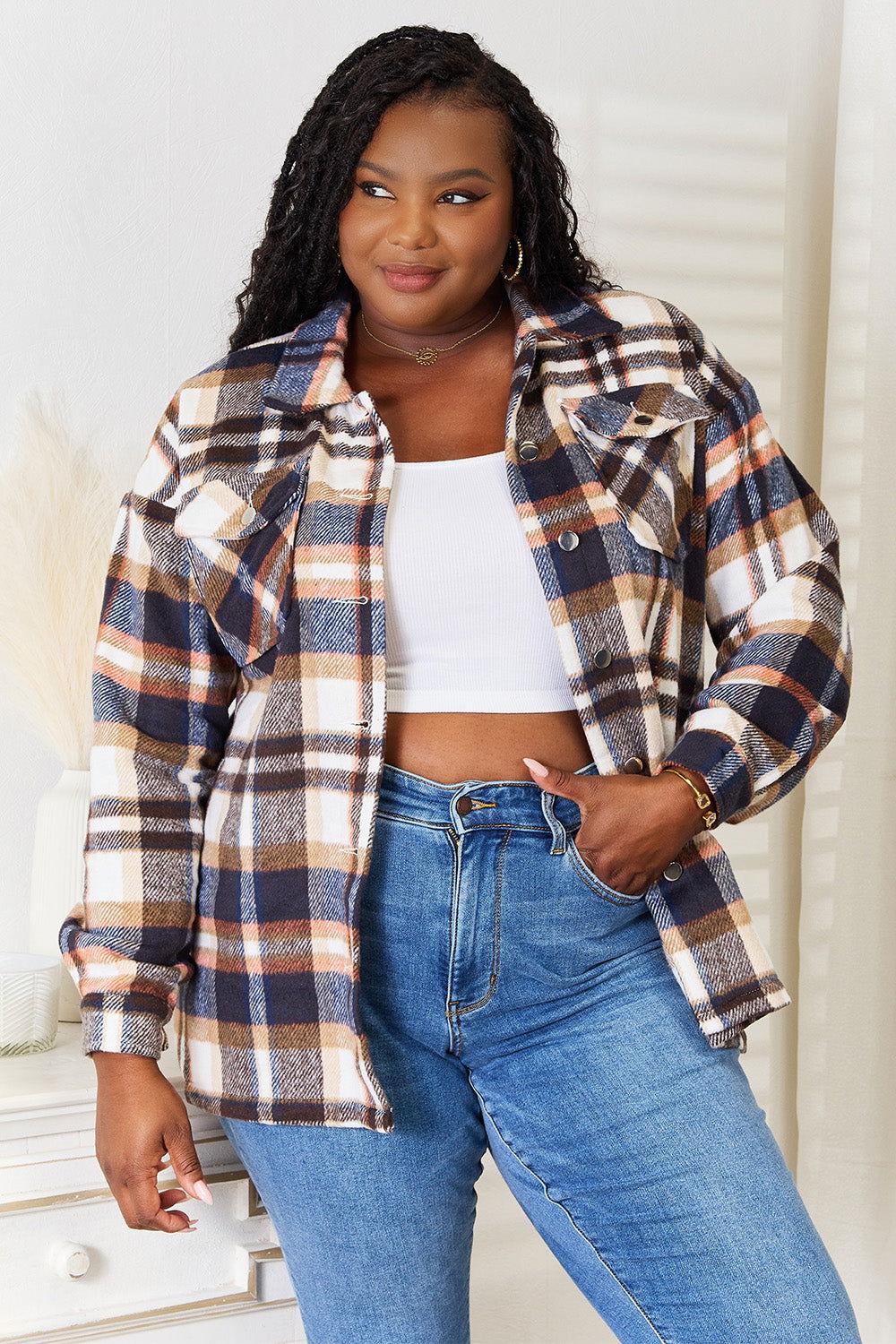 Double Take Plaid Button Front Shirt Jacket with Breast Pockets - Clothes For Her Online Store