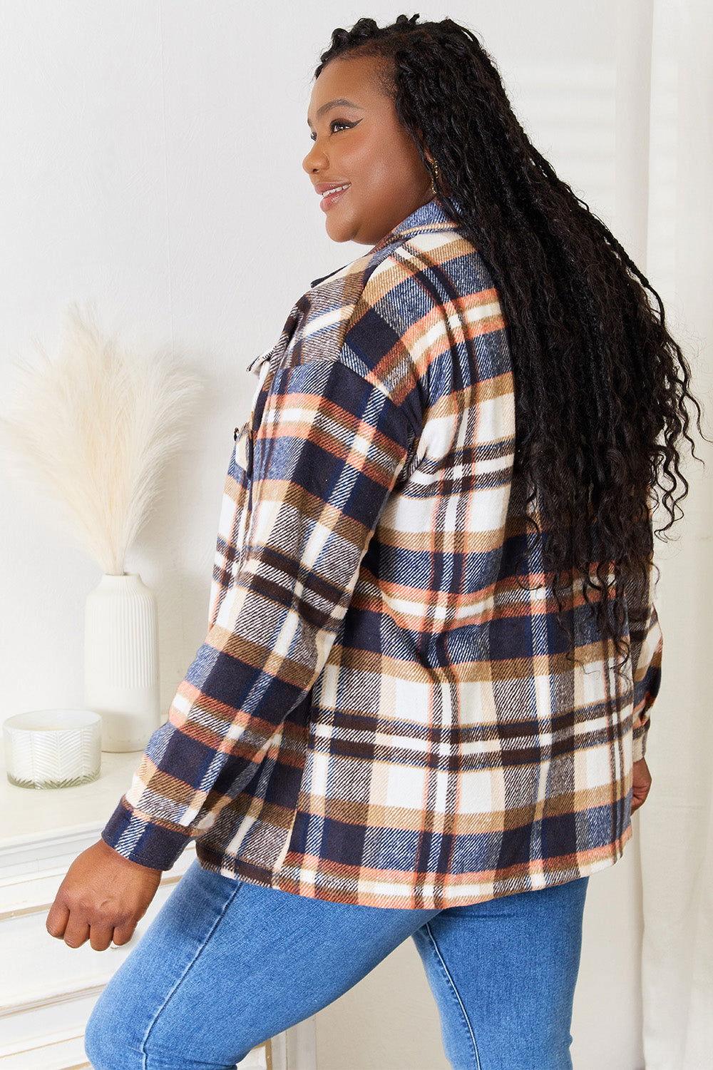 Double Take Plaid Button Front Shirt Jacket with Breast Pockets - Clothes For Her Online Store