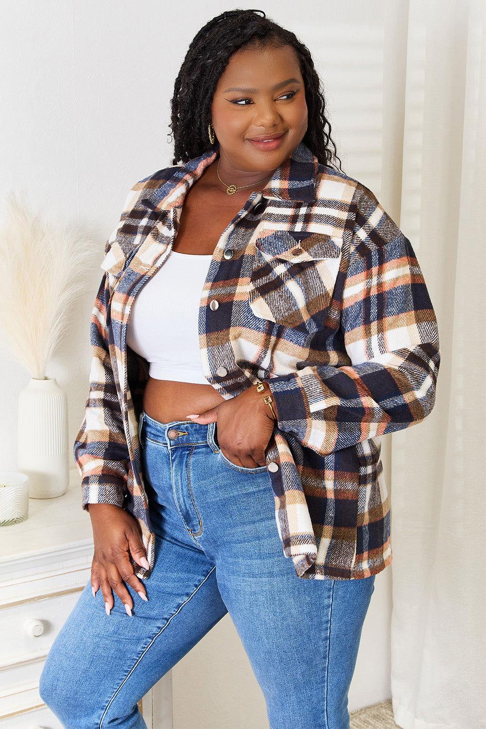 Double Take Plaid Button Front Shirt Jacket with Breast Pockets - Clothes For Her Online Store