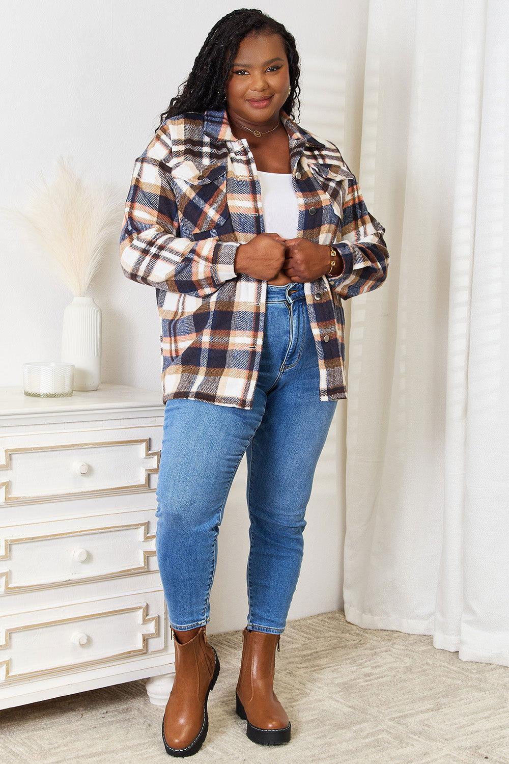 Double Take Plaid Button Front Shirt Jacket with Breast Pockets - Clothes For Her Online Store