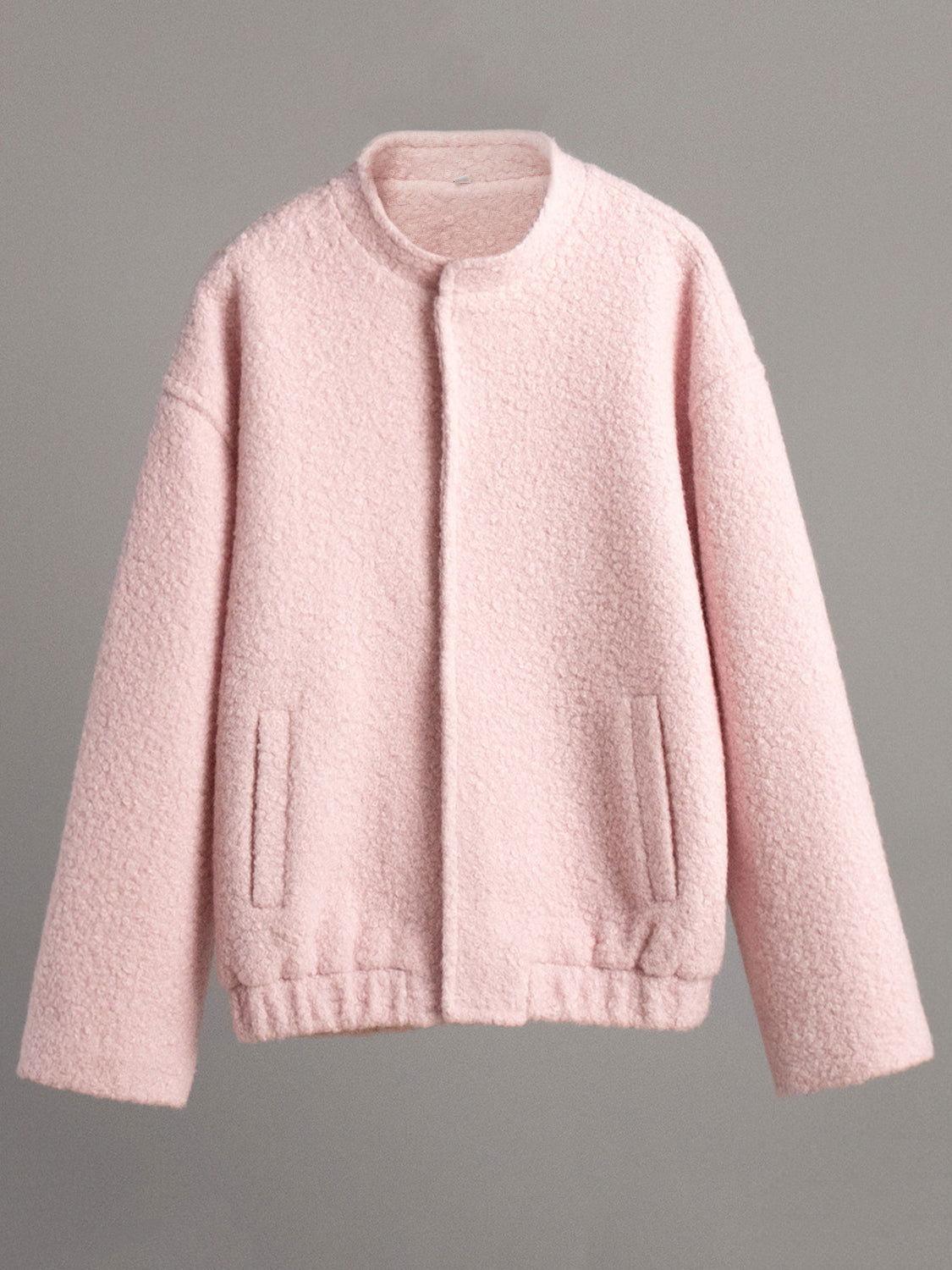 Double Take Plush Mock Neck Snap Down Jacket with Pockets - Clothes For Her Online Store