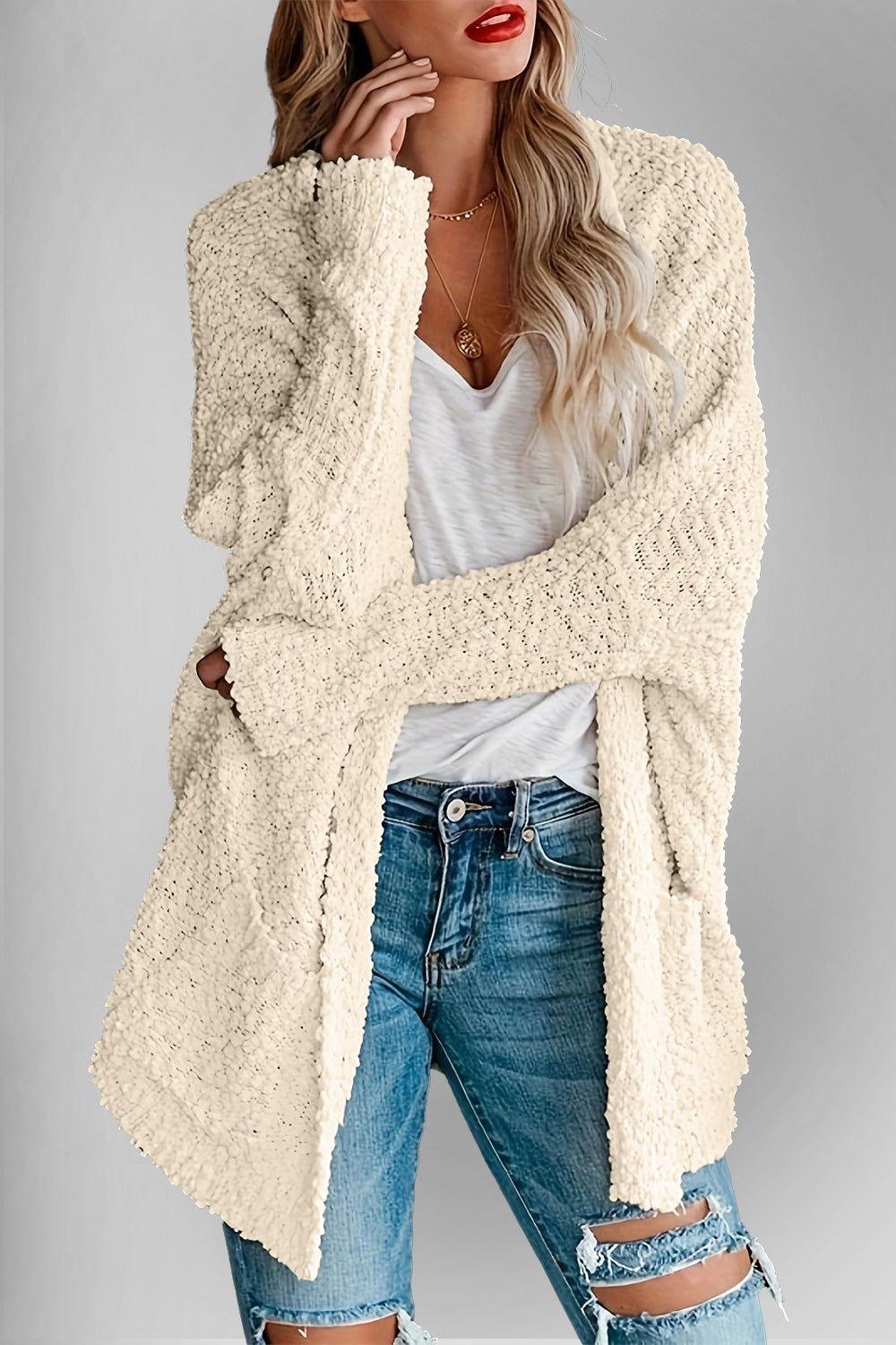 Double Take Pocketed Open Front Long Sleeve Cardigan - Clothes For Her Online Store
