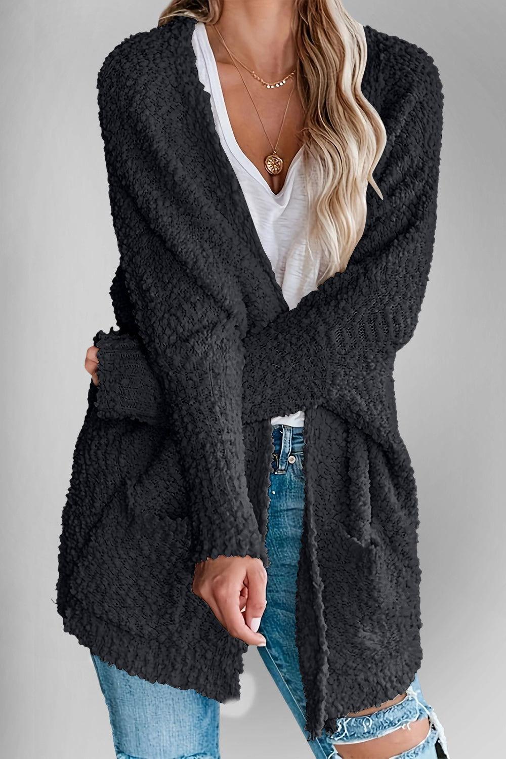 Double Take Pocketed Open Front Long Sleeve Cardigan - Clothes For Her Online Store