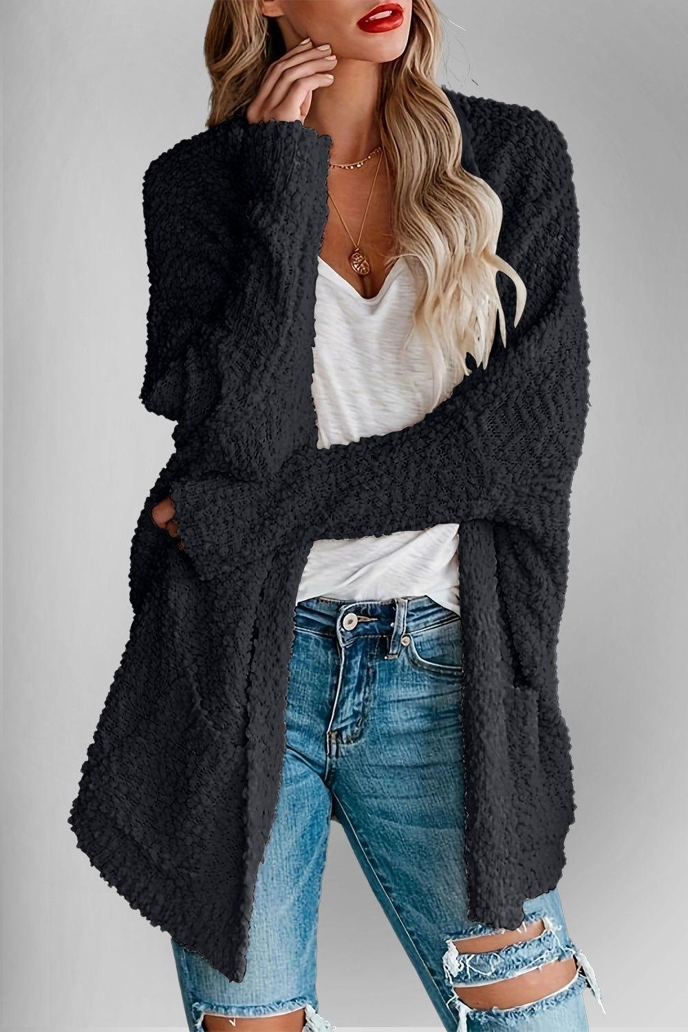 Double Take Pocketed Open Front Long Sleeve Cardigan - Clothes For Her Online Store