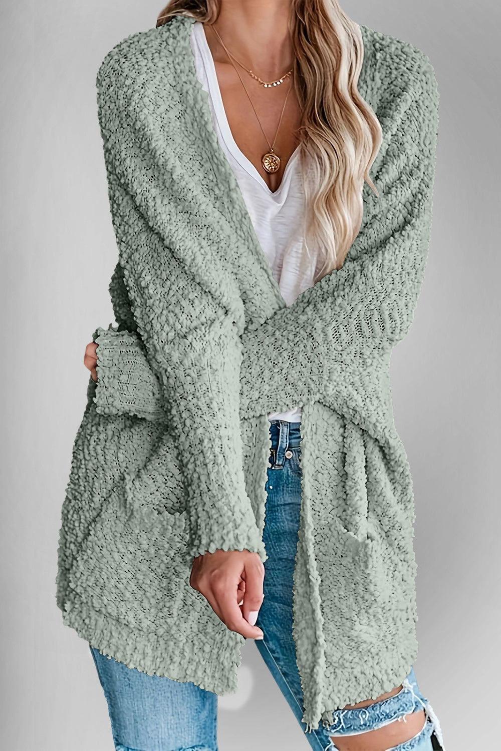 Double Take Pocketed Open Front Long Sleeve Cardigan - Clothes For Her Online Store