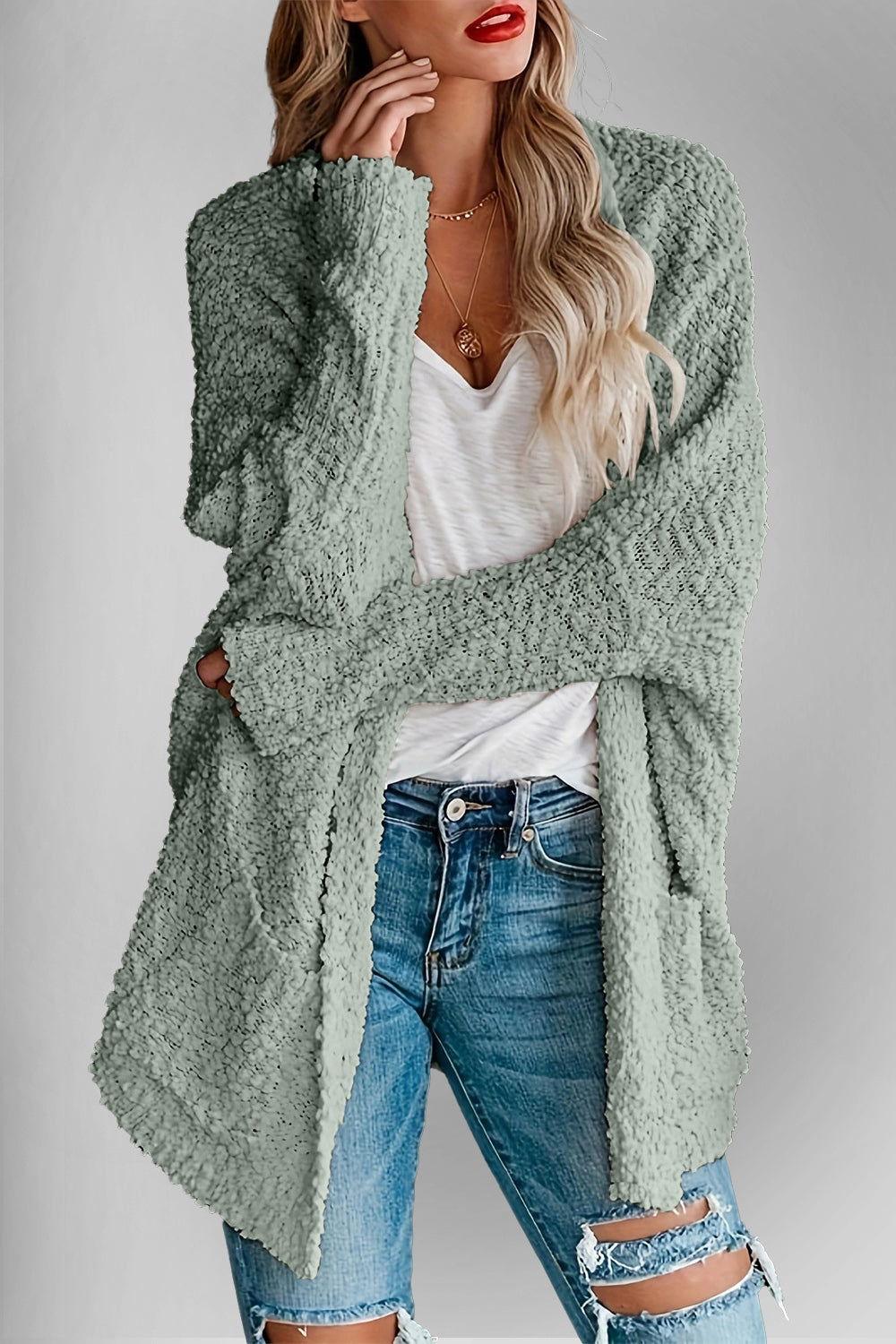 Double Take Pocketed Open Front Long Sleeve Cardigan - Clothes For Her Online Store
