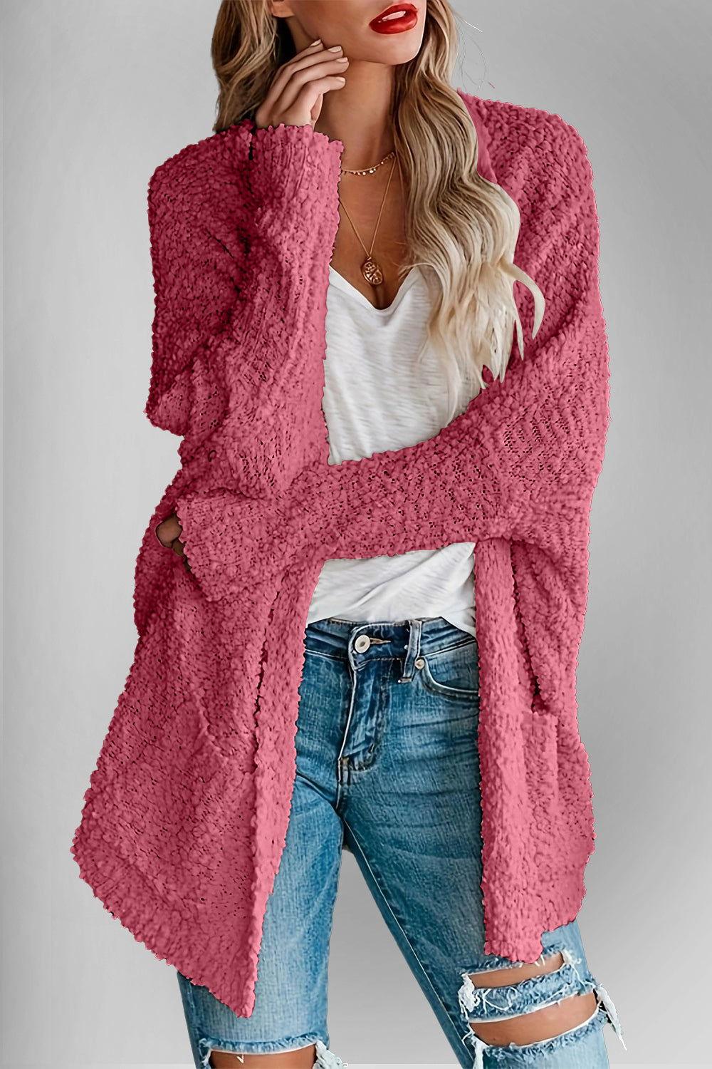 Double Take Pocketed Open Front Long Sleeve Cardigan - Clothes For Her Online Store