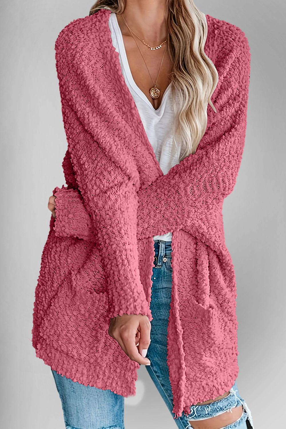 Double Take Pocketed Open Front Long Sleeve Cardigan - Clothes For Her Online Store