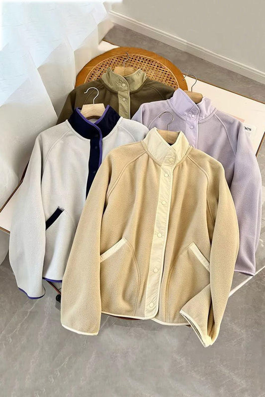 Double Take Snap Down Contrast Fleece Jacket with Pockets - Clothes For Her Online Store