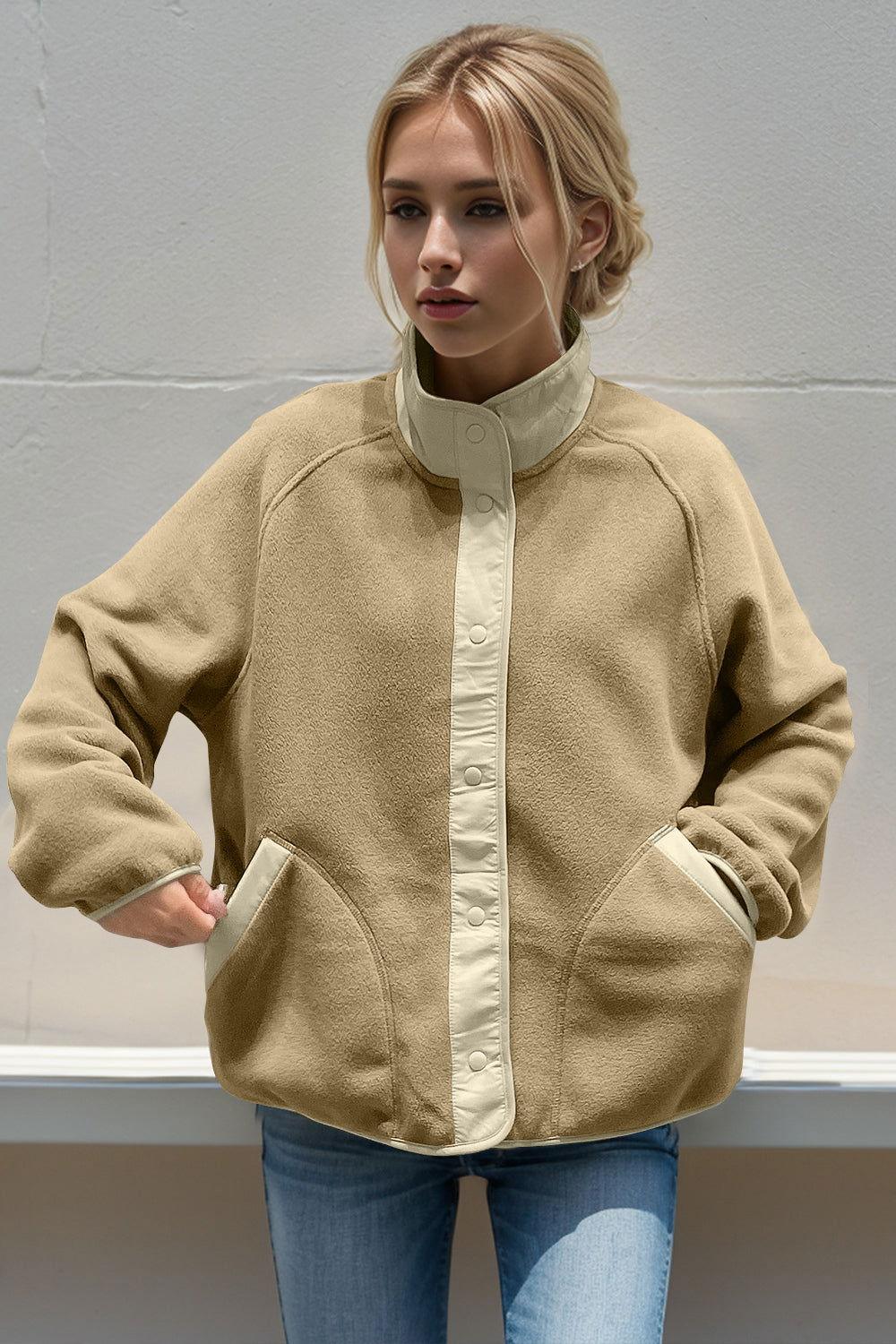 Double Take Snap Down Contrast Fleece Jacket with Pockets - Clothes For Her Online Store