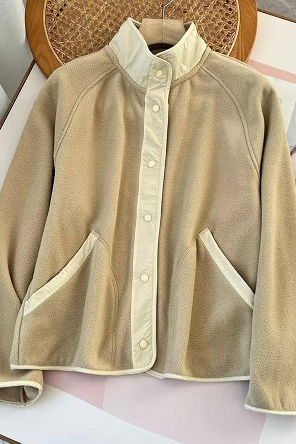 Double Take Snap Down Contrast Fleece Jacket with Pockets - Clothes For Her Online Store